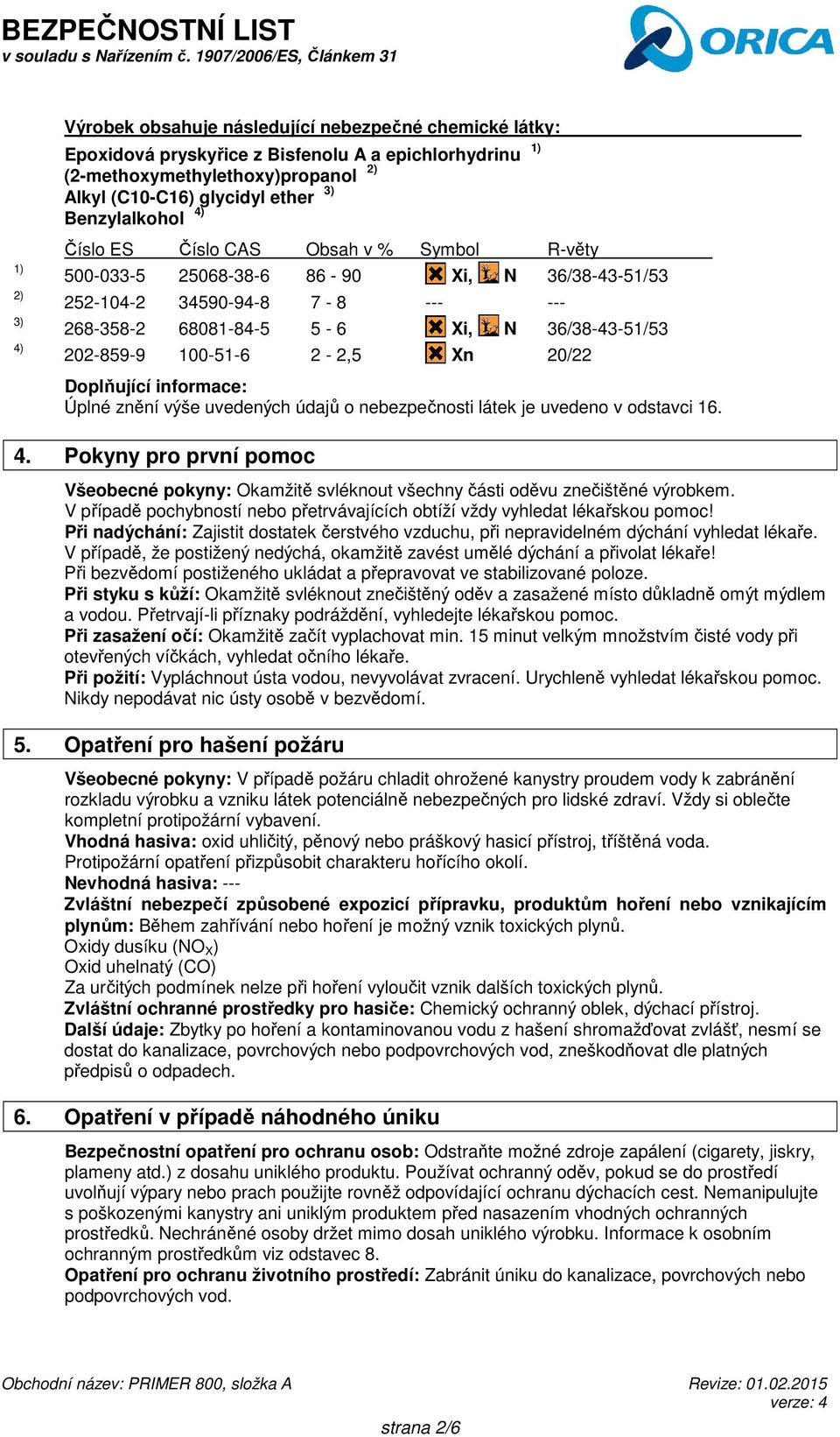 100-51-6 2-2,5 Xn 20/22 Doplňující informace: Úplné znění výše uvedených údajů o nebezpečnosti látek je uvedeno v odstavci 16. 4.
