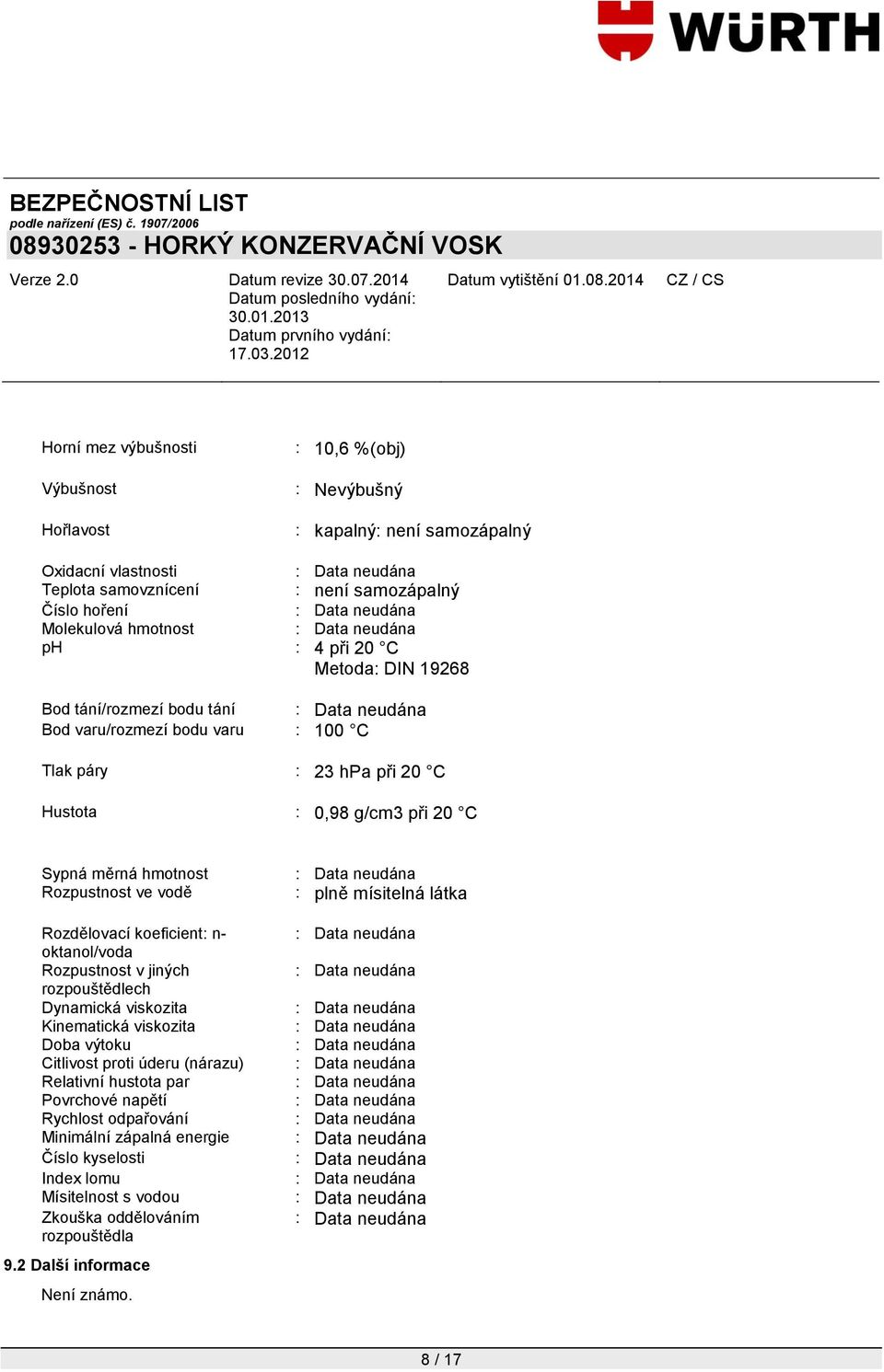 Rozdělovací koeficient: n- oktanol/voda Rozpustnost v jiných rozpouštědlech Dynamická viskozita Kinematická viskozita Doba výtoku Citlivost proti úderu (nárazu) Relativní hustota par Povrchové
