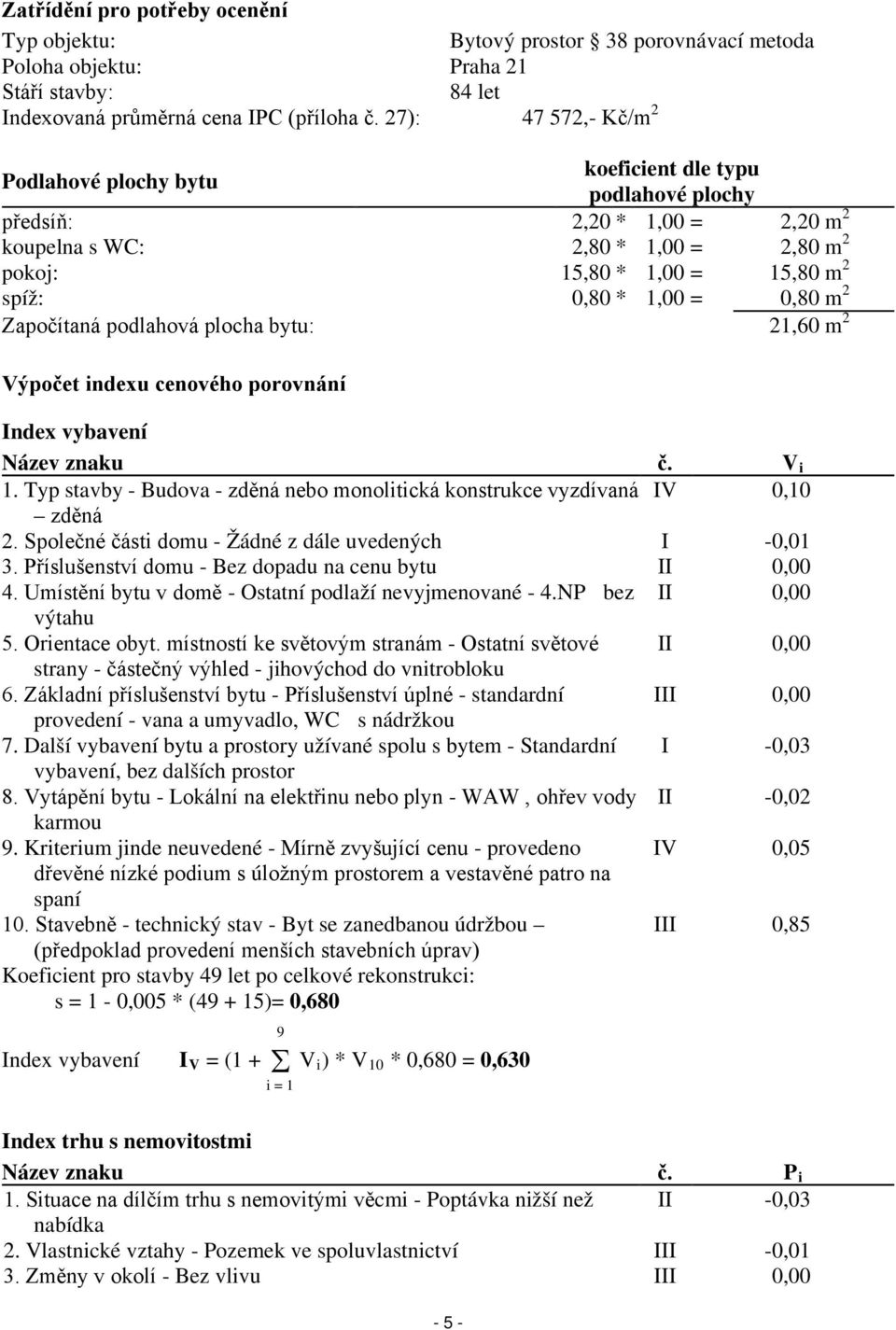 = 0,80 m 2 Započítaná podlahová plocha bytu: 21,60 m 2 Výpočet indexu cenového porovnání Index vybavení Název znaku č. V i 1.