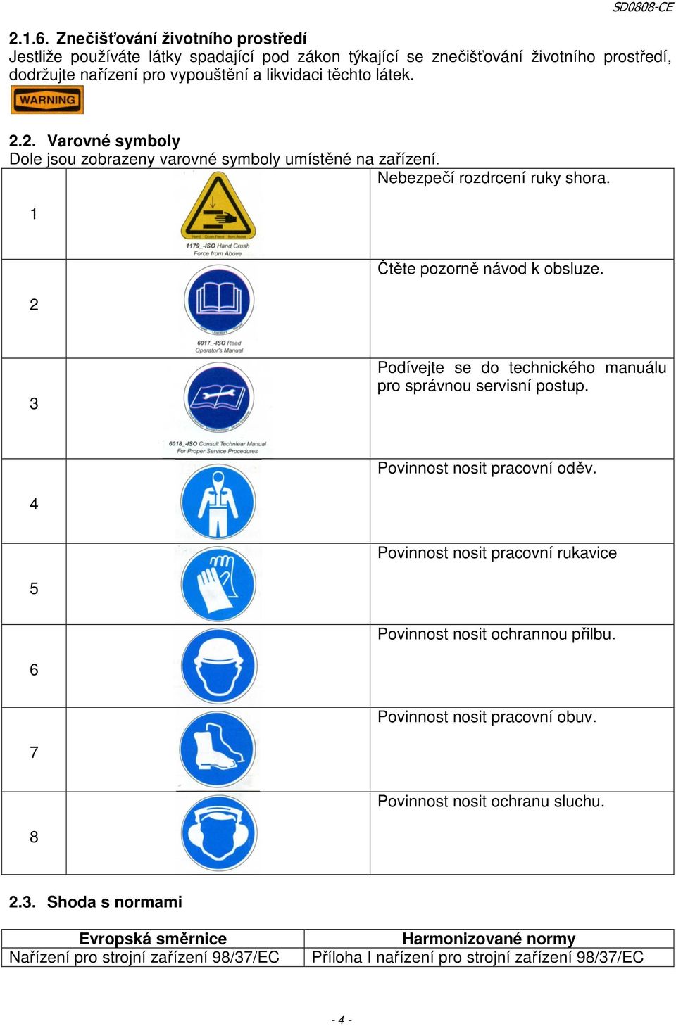 2.2. Varovné symboly Dole jsou zobrazeny varovné symboly umístěné na zařízení. Nebezpečí rozdrcení ruky shora. 1 2 Čtěte pozorně návod k obsluze.