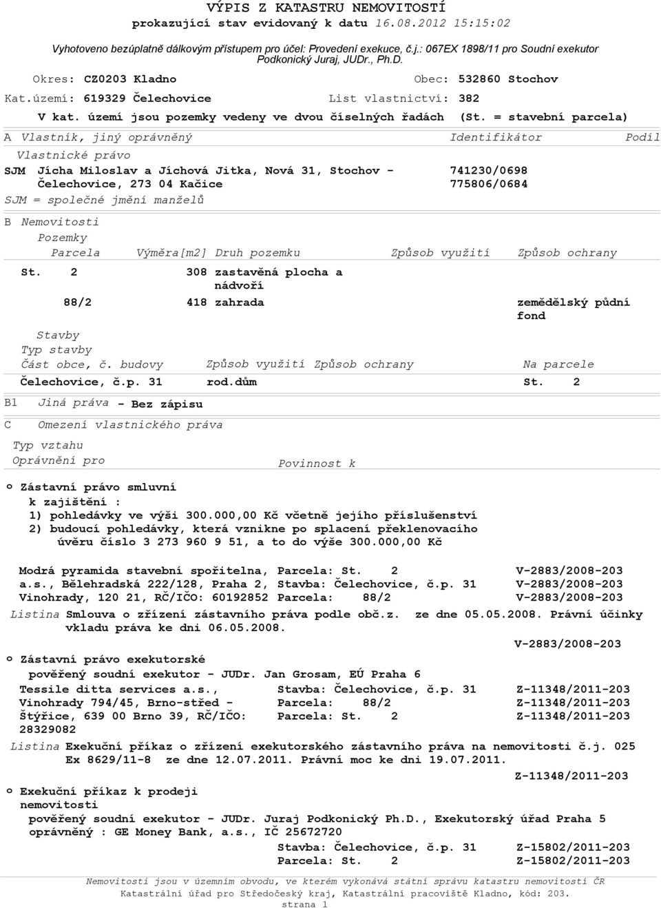 Výměra[m2] Omezení vlastnického práva Typ vztahu Oprávnění pro - Bez zápisu Obec: Kat.území: 619329 Čelechovice List vlastnictví: 382 532860 Stochov V kat.