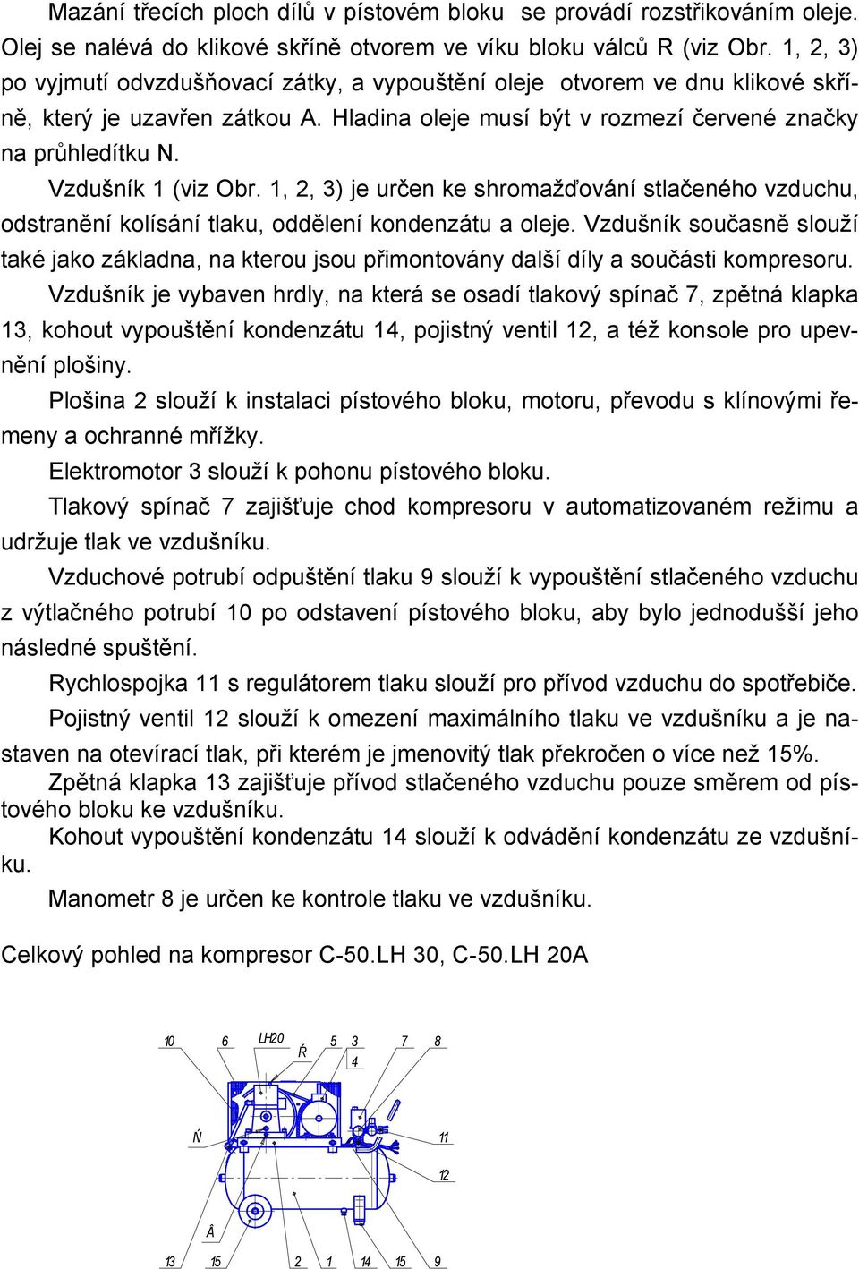 Vzdušník 1 (viz Obr. 1, 2, 3) je určen ke shromažďování stlačeného vzduchu, odstranění kolísání tlaku, oddělení kondenzátu a oleje.