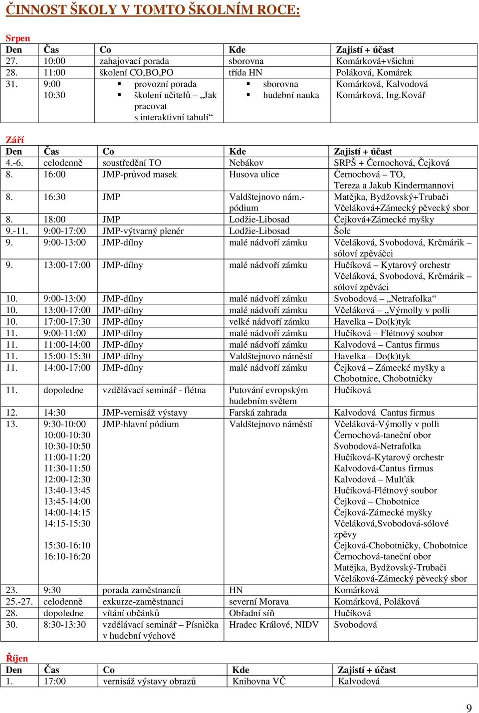 celodenně soustředění TO Nebákov SRPŠ + Černochová, Čejková 8. 16:00 JMP-průvod masek Husova ulice Černochová TO, Tereza a Jakub Kindermannovi 8. 16:30 JMP Valdštejnovo nám.