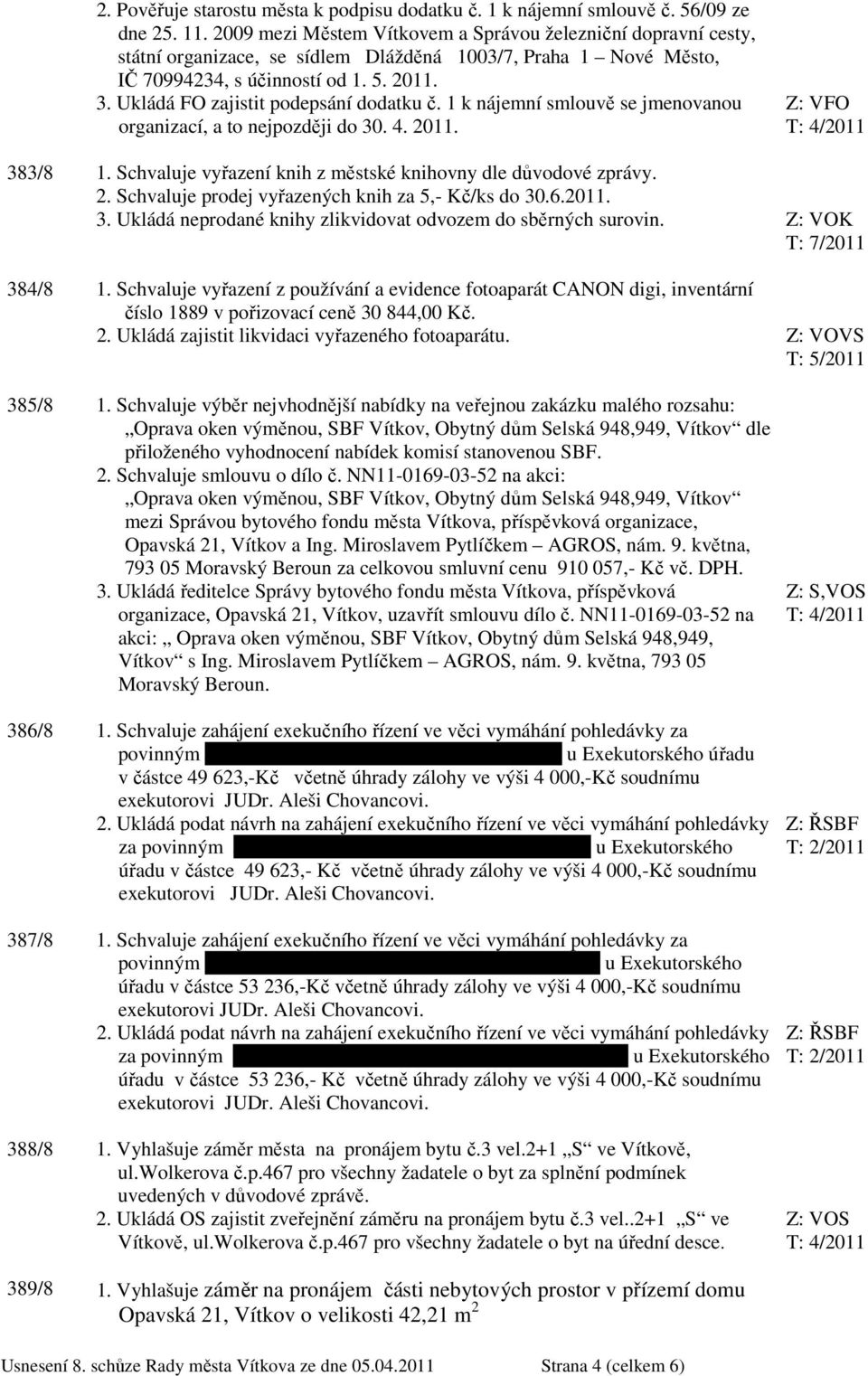 Ukládá FO zajistit podepsání dodatku č. 1 k nájemní smlouvě se jmenovanou organizací, a to nejpozději do 30. 4. 2011. 383/8 1. Schvaluje vyřazení knih z městské knihovny dle důvodové zprávy. 2. Schvaluje prodej vyřazených knih za 5,- Kč/ks do 30.