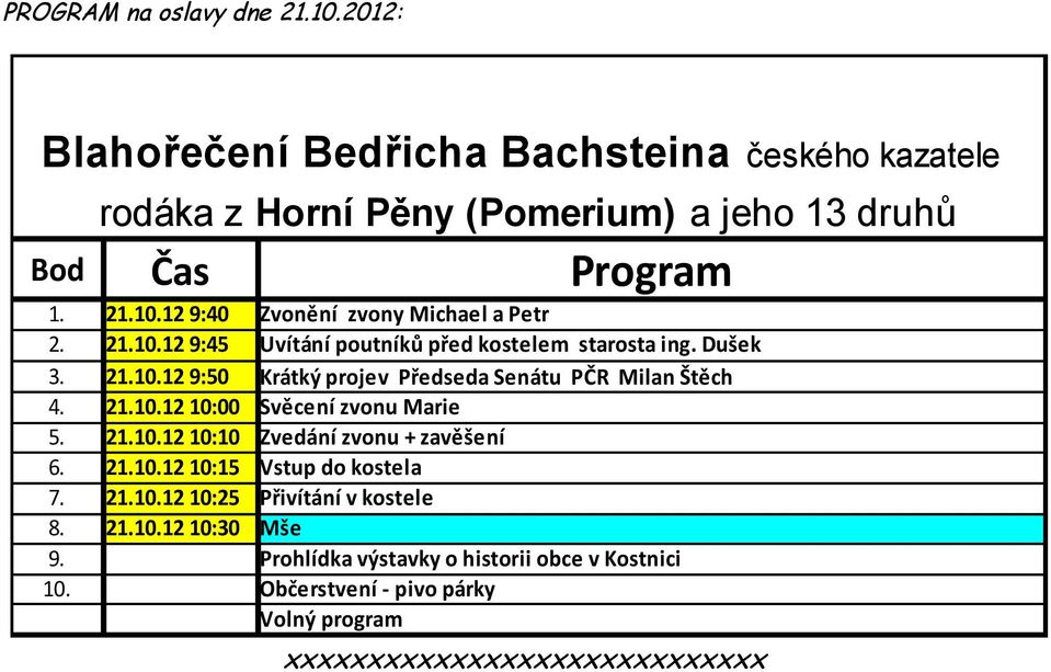 21.10.12 10:10 Zvedání zvonu + zavěšení 6. 21.10.12 10:15 Vstup do kostela 7. 21.10.12 10:25 Přivítání v kostele 8. 21.10.12 10:30 Mše 9.