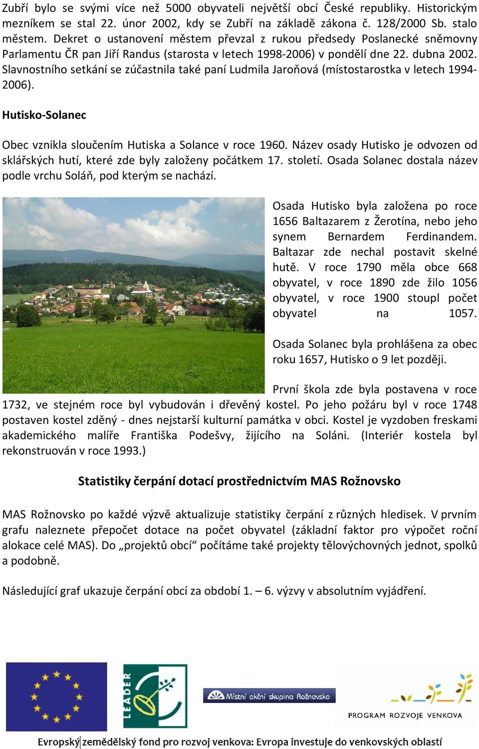 Slavnostního setkání se zúčastnila také paní Ludmila Jaroňová (místostarostka v letech 19942006). Hutisko-Solanec Obec vznikla sloučením Hutiska a Solance v roce 1960.