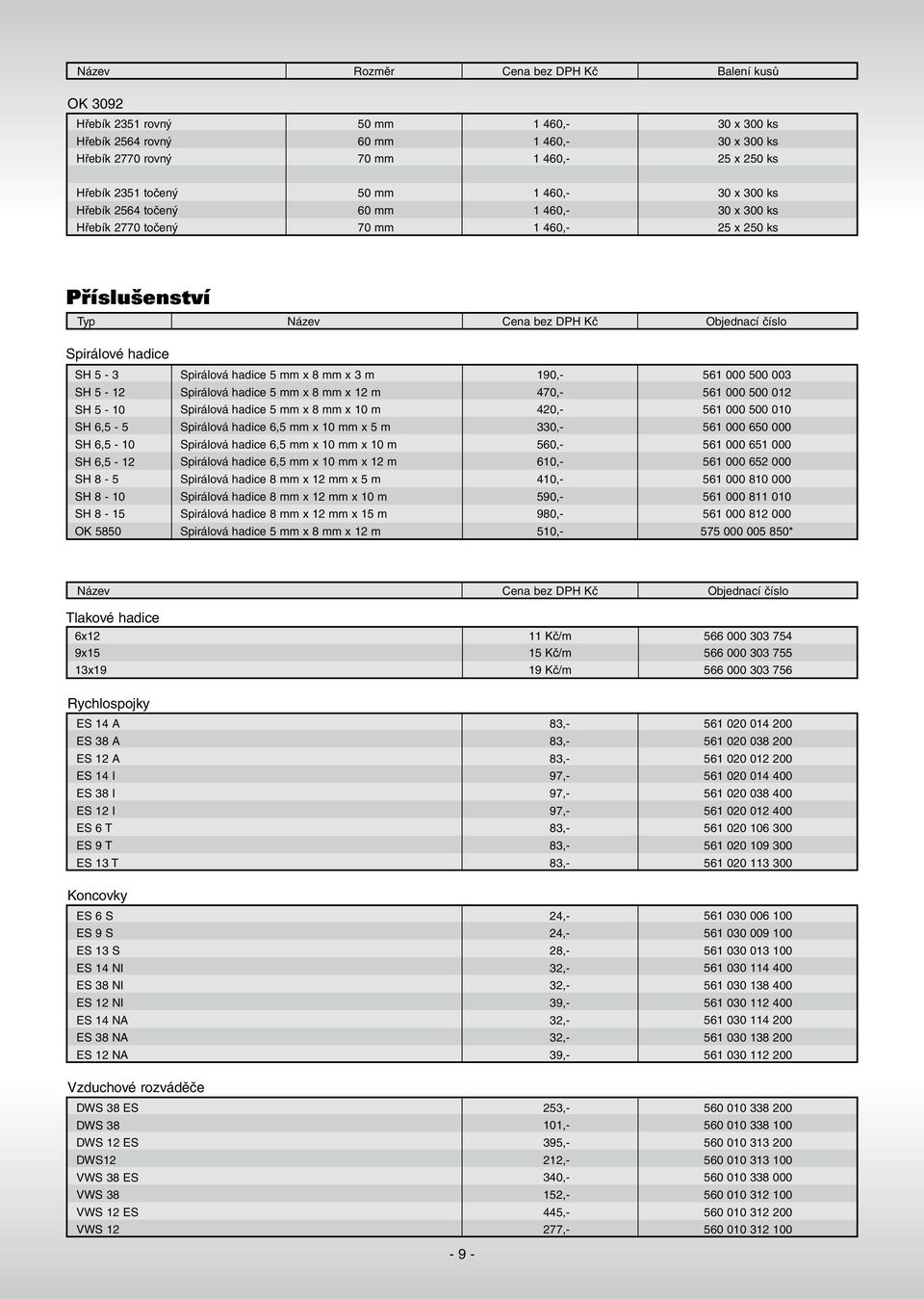 56 000 500 003 SH 5 2 Spirálová hadice 5 mm x 8 mm x 2 m 470, 56 000 500 02 SH 5 0 Spirálová hadice 5 mm x 8 mm x 0 m 420, 56 000 500 00 SH 6,5 5 Spirálová hadice 6,5 mm x 0 mm x 5 m 330, 56 000 650