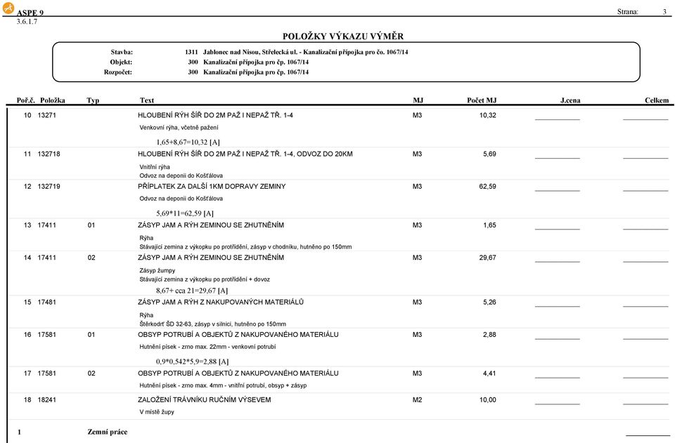 RÝH ZEMINOU SE ZHUTNĚNÍM M3 1,65 Rýha Stávající zemina z výkopku po protřídění, zásyp v chodníku, hutněno po 150mm 14 17411 02 ZÁSYP JAM A RÝH ZEMINOU SE ZHUTNĚNÍM M3 29,67 Zásyp žumpy Stávající