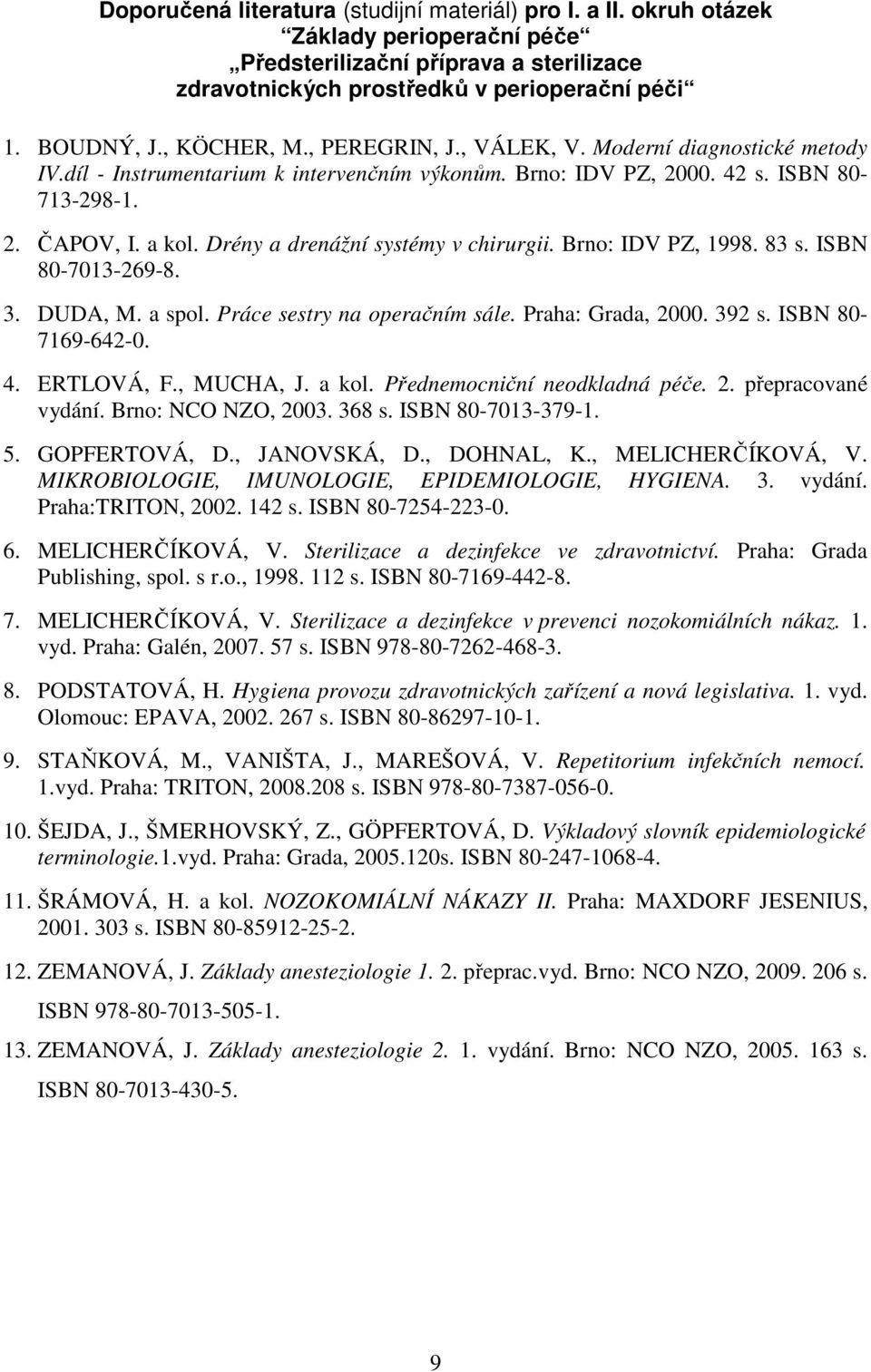 Drény a drenážní systémy v chirurgii. Brno: IDV PZ, 1998. 83 s. ISBN 80-7013-269-8. 3. DUDA, M. a spol. Práce sestry na operačním sále. Praha: Grada, 2000. 392 s. ISBN 80-7169-642-0. 4. ERTLOVÁ, F.