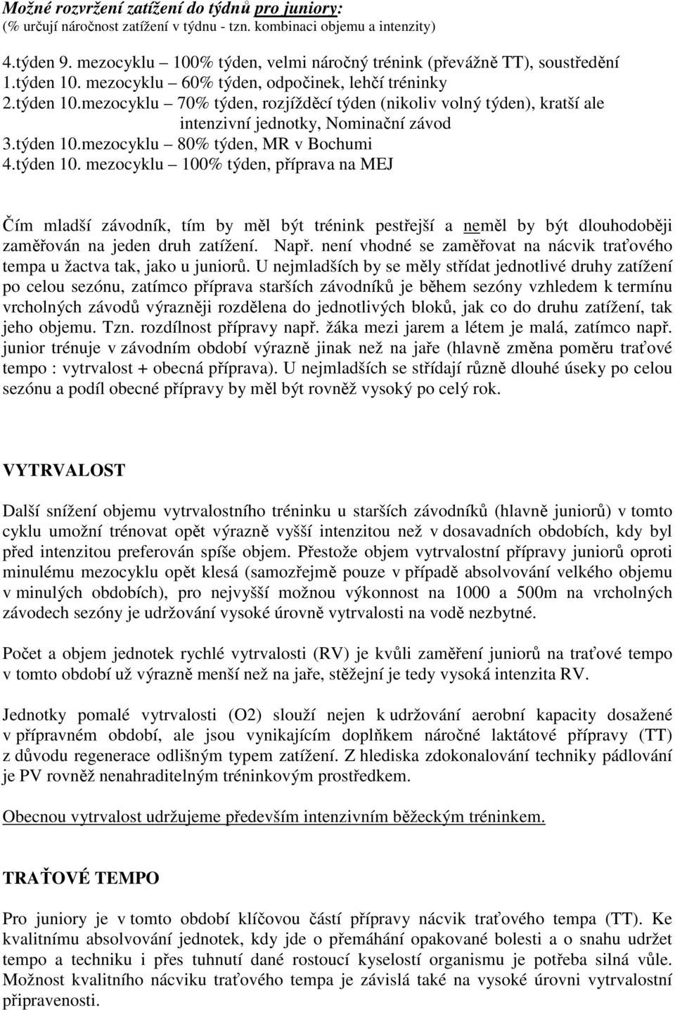 týden 10.mezocyklu 80% týden, MR v Bochumi 4.týden 10. mezocyklu 100% týden, příprava na MEJ Čím mladší závodník, tím by měl být trénink pestřejší a neměl by být dlouhodoběji zaměřován na jeden druh zatížení.