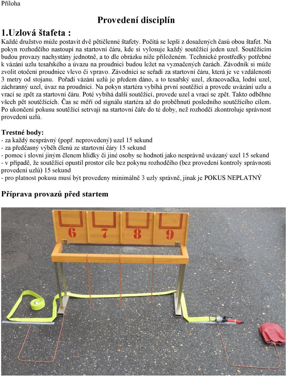 Technické prostředky potřebné k vázání uzlu tesařského a úvazu na proudnici budou leţet na vyznačených čarách. Závodník si můţe zvolit otočení proudnice vlevo či vpravo.