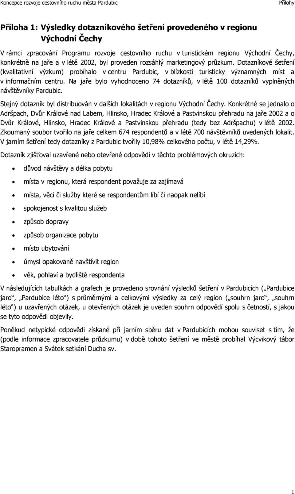 Na jaře bylo vyhodnoceno 74 dotazníků, v létě 100 dotazníků vyplněných návštěvníky Pardubic. Stejný dotazník byl distribuován v dalších lokalitách v regionu Východní Čechy.