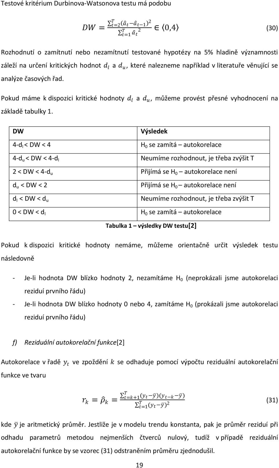 Pokud máme k dispozici kritické hodnoty d l a d u, můžeme provést přesné vyhodnocení na základě tabulky 1.