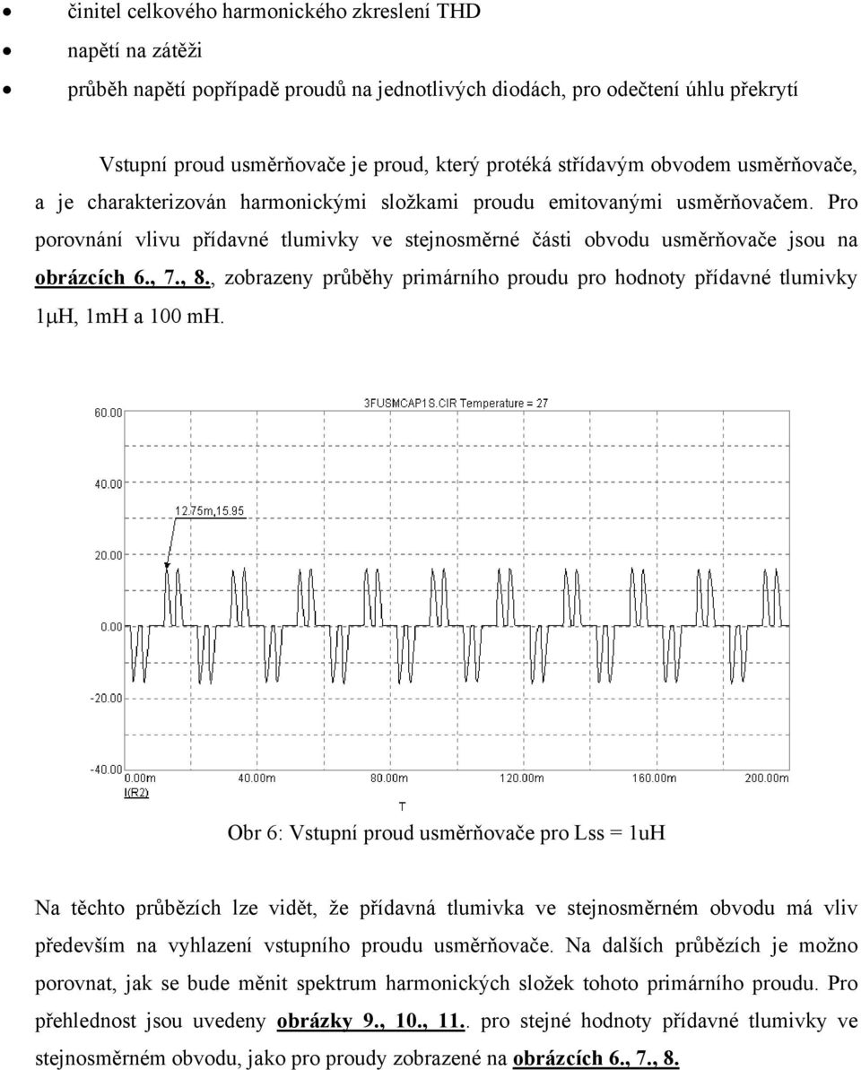 Pro porovnání vlivu přídavné tlumivky ve stejnosměrné části obvodu usměrňovače jsou na obrázcích 6., 7., 8., zobrazeny průběhy primárního proudu pro hodnoty přídavné tlumivky 1µH, 1mH a 100 mh.