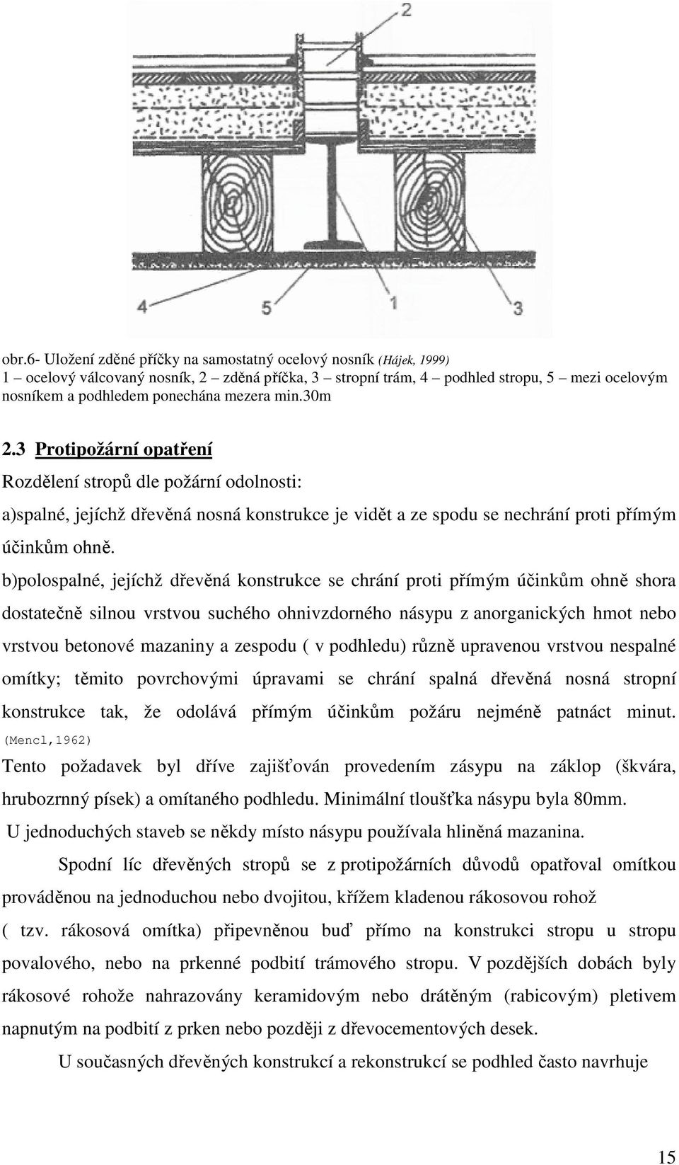 b)polospalné, jejíchž dřevěná konstrukce se chrání proti přímým účinkům ohně shora dostatečně silnou vrstvou suchého ohnivzdorného násypu z anorganických hmot nebo vrstvou betonové mazaniny a zespodu
