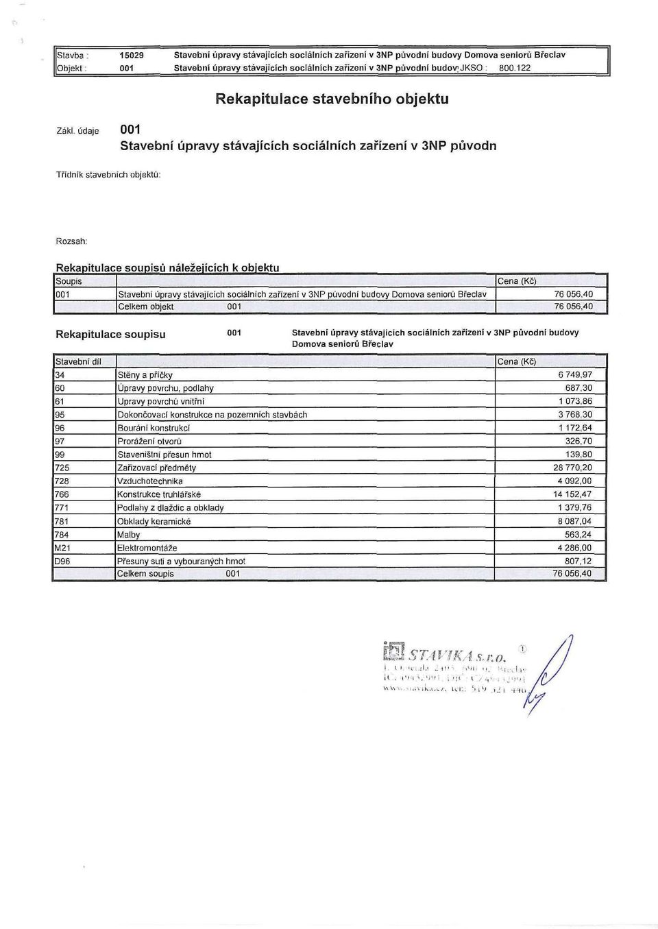 údaje 001 Stavební úpravy stávajících sociálních zařízení v 3NP původn Třřdník stavebních objektů: Rozsah Rekapitulace soupisů náležejících k objektu Soupis 001 Stavební úpravy stávajících sociálních