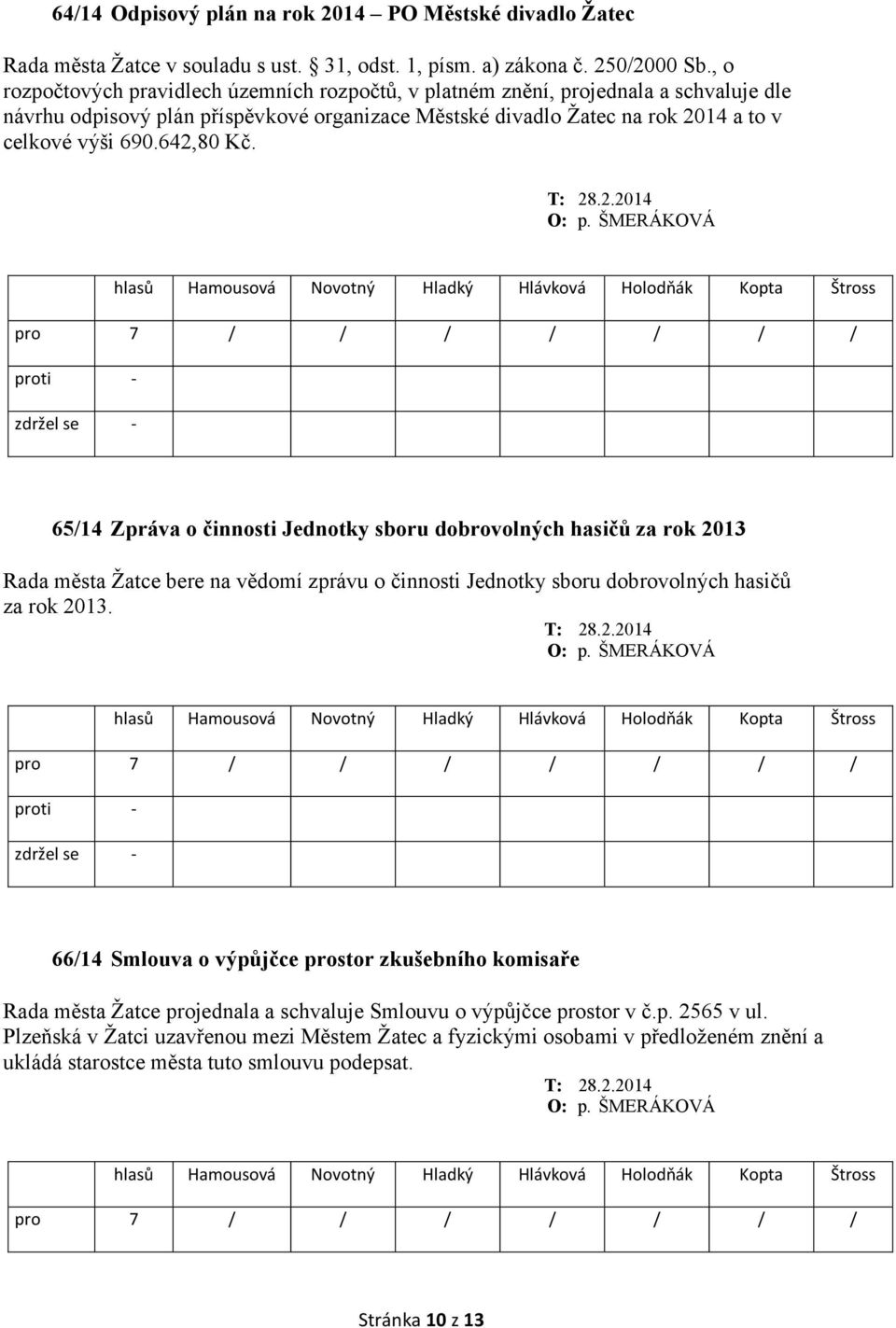 642,80 Kč. O: p. ŠMERÁKOVÁ 65/14 Zpráva o činnosti Jednotky sboru dobrovolných hasičů za rok 2013 Rada města Žatce bere na vědomí zprávu o činnosti Jednotky sboru dobrovolných hasičů za rok 2013.