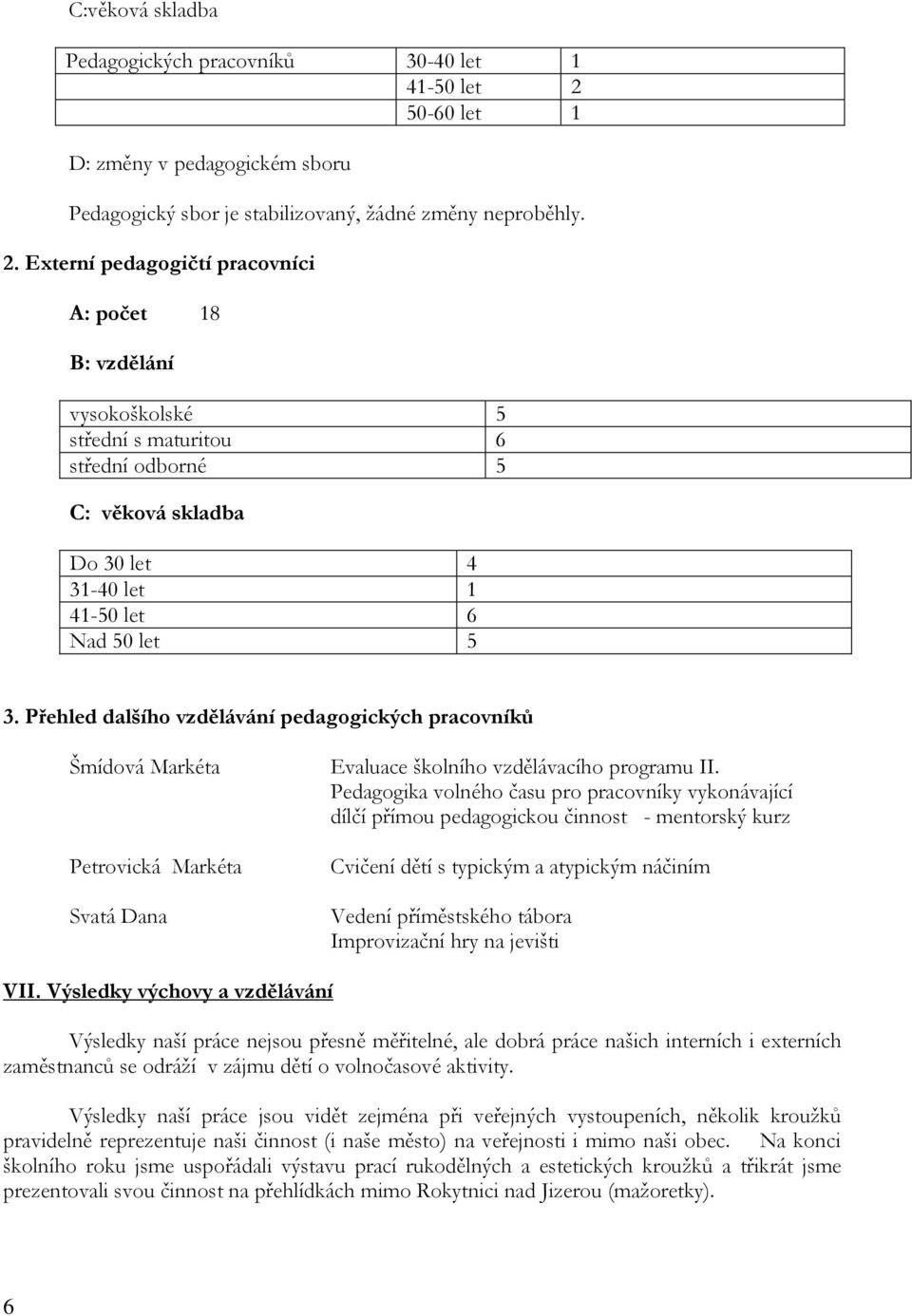 Externí pedagogičtí pracovníci A: počet 18 B: vzdělání vysokoškolské 5 střední s maturitou 6 střední odborné 5 C: věková skladba Do 30 let 4 31-40 let 1 41-50 let 6 Nad 50 let 5 3.