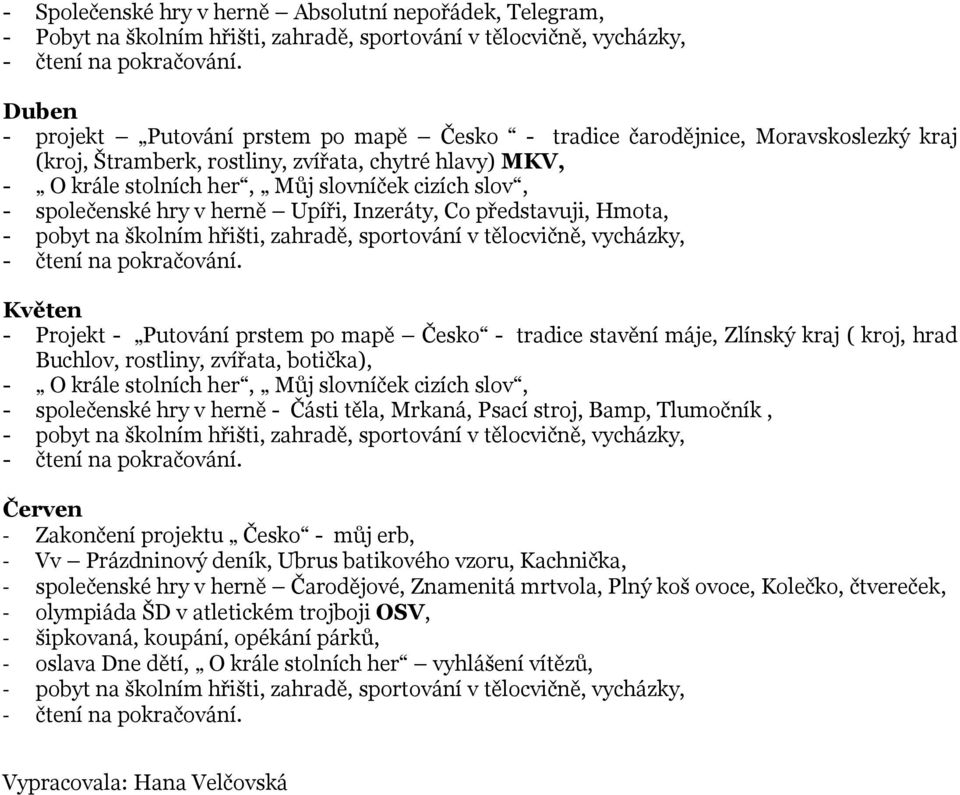 pobyt na školním hřišti, zahradě, sportování v tělocvičně, vycházky, Květen - Projekt - Putování prstem po mapě Česko - tradice stavění máje, Zlínský kraj ( kroj, hrad Buchlov, rostliny, zvířata,