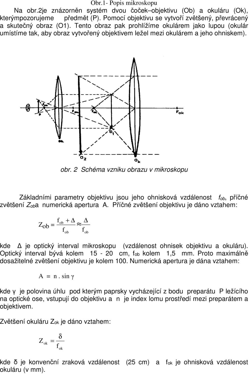 Příčné zvětšení objektivu je dáno vztahem: Z ob = f ob + fob f ob kde Δ je optický interval mikroskopu (vzdálenost ohnisek objektivu a okuláru). Optický interval bývá kolem 15-20 cm, fob kolem 1,5 mm.