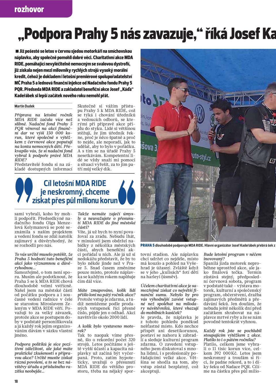 spolupořadatelství MČ Praha 5 a lednová finanční injekce od Nadačního fondu Prahy 5 PQR. Předseda MDA RIDE a zakladatel benefiční akce Josef Káďa Kadeřábek si lepší začátek nového roku nemohl přát.