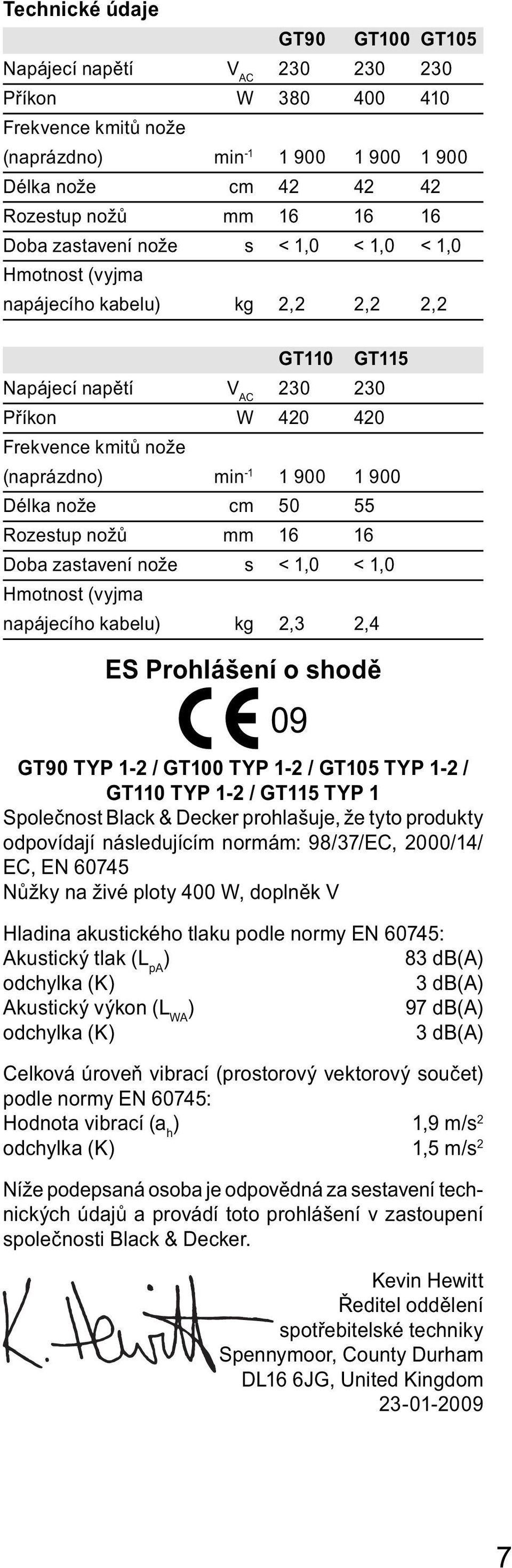 Délka nože cm 50 55 Rozestup nožů mm 16 16 Doba zastavení nože s < 1,0 < 1,0 Hmotnost (vyjma napájecího kabelu) kg 2,3 2,4 ES Prohlášení o shodě 09 GT90 TYP 1-2 / GT100 TYP 1-2 / GT105 TYP 1-2 /