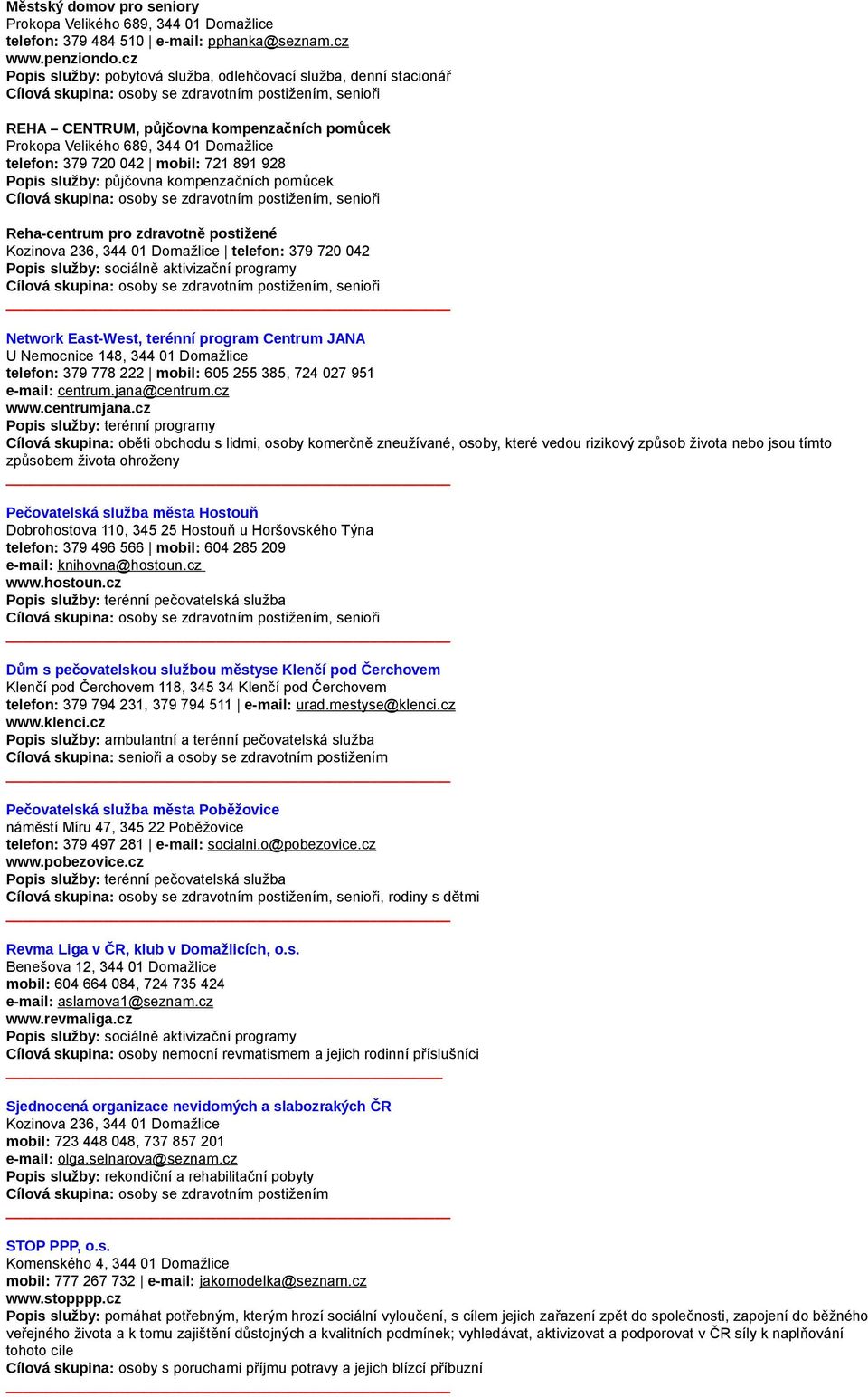 služby: půjčovna kompenzačních pomůcek Reha-centrum pro zdravotně postižené Kozinova 236, 344 01 Domažlice telefon: 379 720 042 Network East-West, terénní program Centrum JANA U Nemocnice 148, 344 01