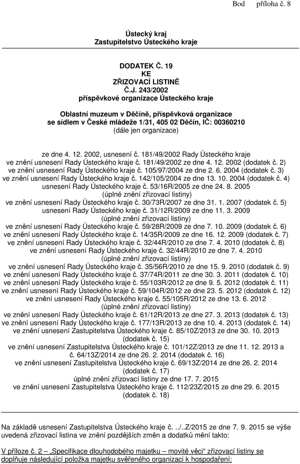 2002, usnesení č. 181/49/2002 Rady Ústeckého kraje ve znění usnesení Rady Ústeckého kraje č. 181/49/2002 ze dne 4. 12. 2002 (dodatek č. 2) ve znění usnesení Rady Ústeckého kraje č.