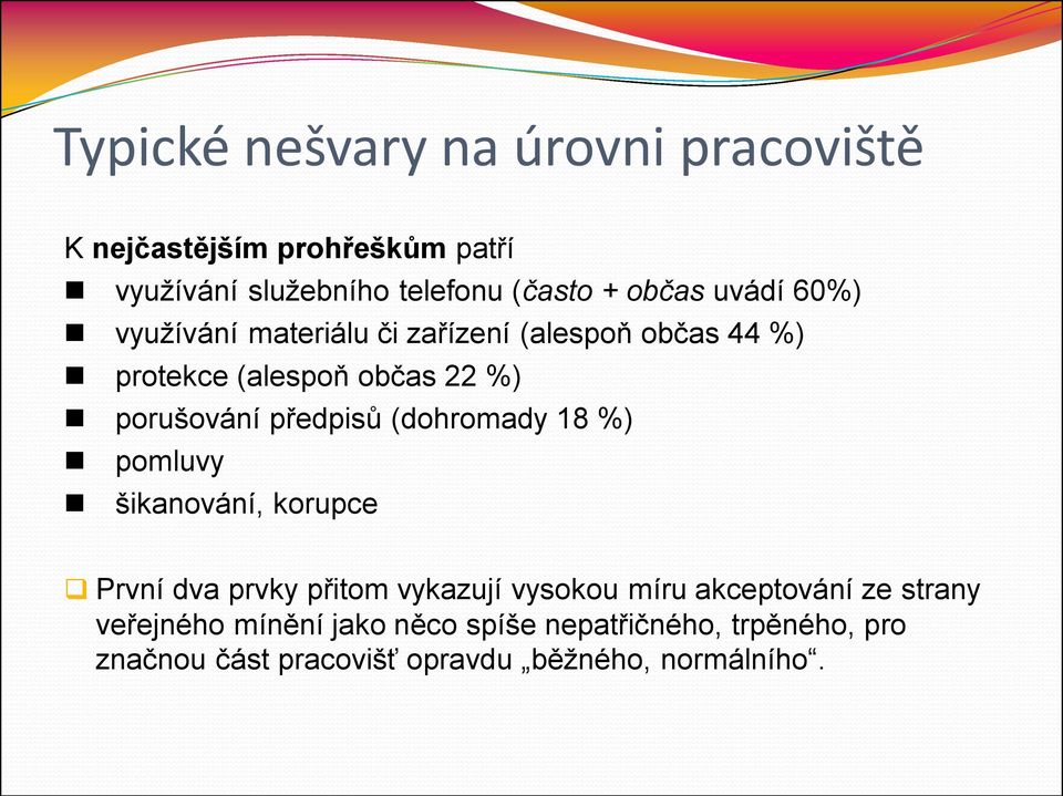 předpisů (dohromady 18 %) pomluvy šikanování, korupce První dva prvky přitom vykazují vysokou míru akceptování