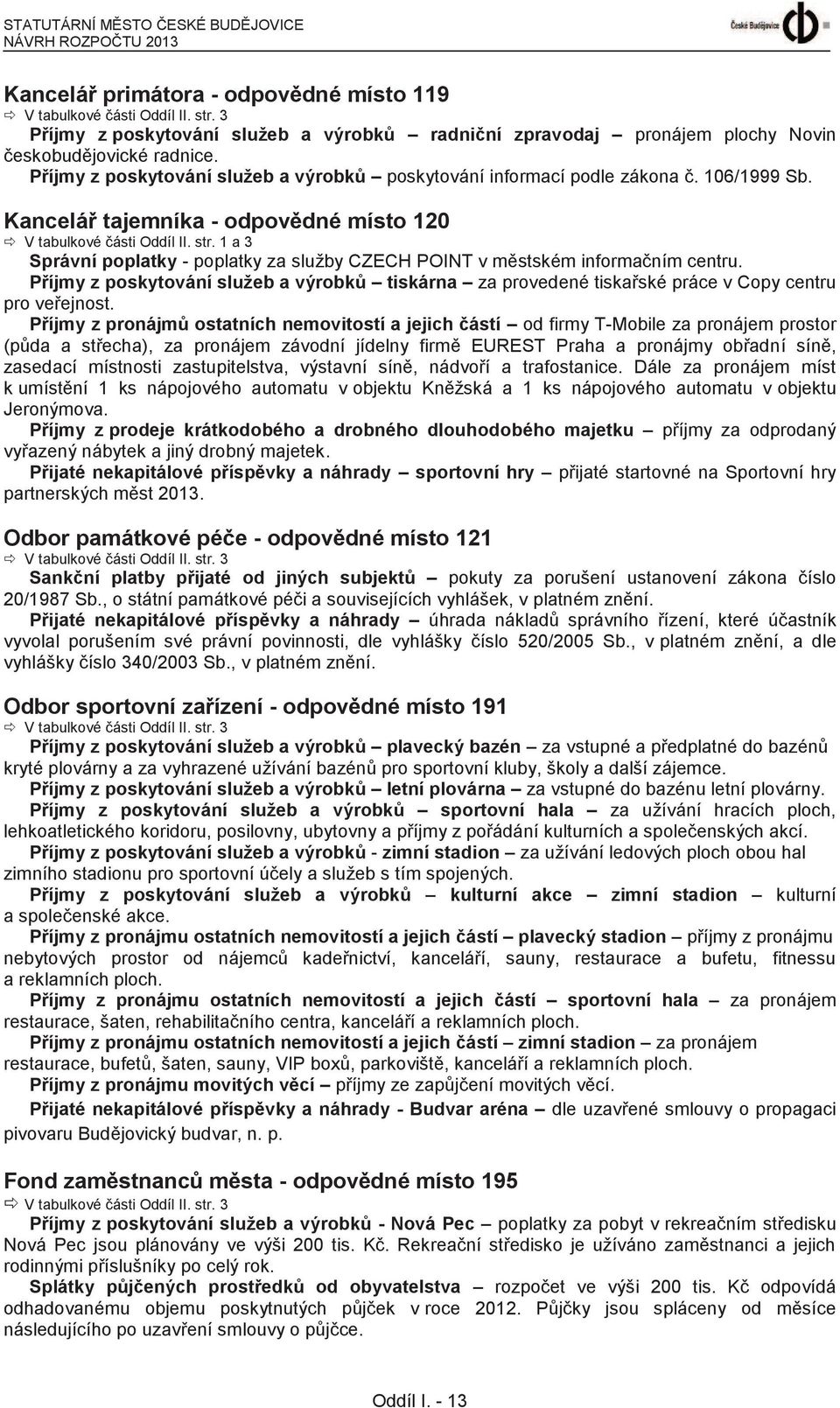 Kancelář tajemníka - odpovědné místo 120 ð V tabulkové části Oddíl II. str. 1 a 3 Správní poplatky - poplatky za služby CZECH POINT v městském informačním centru.