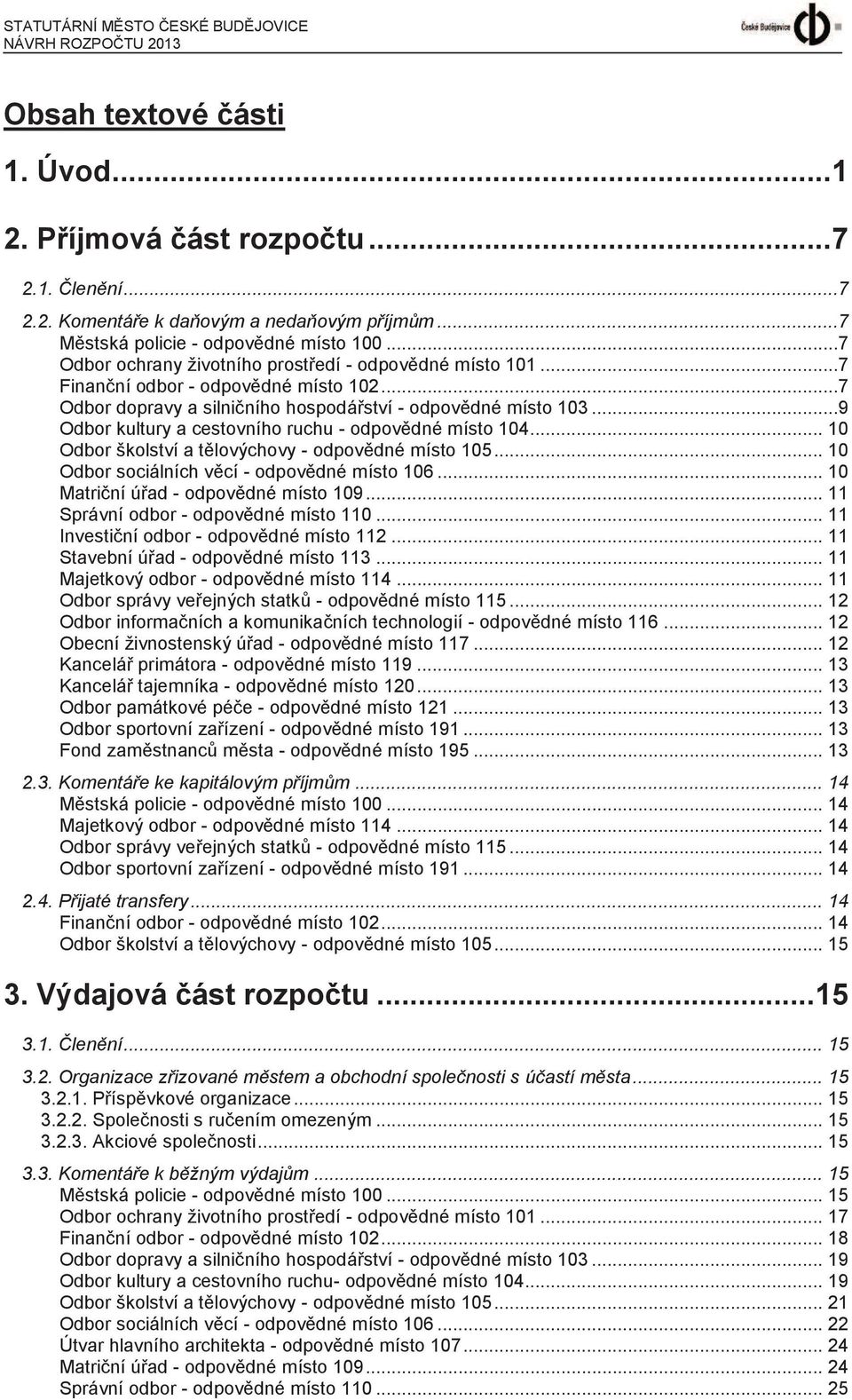 ..7 Odbor dopravy a silničního hospodářství - odpovědné místo 103...9 Odbor kultury a cestovního ruchu - odpovědné místo 104... 10 Odbor školství a tělovýchovy - odpovědné místo 105.