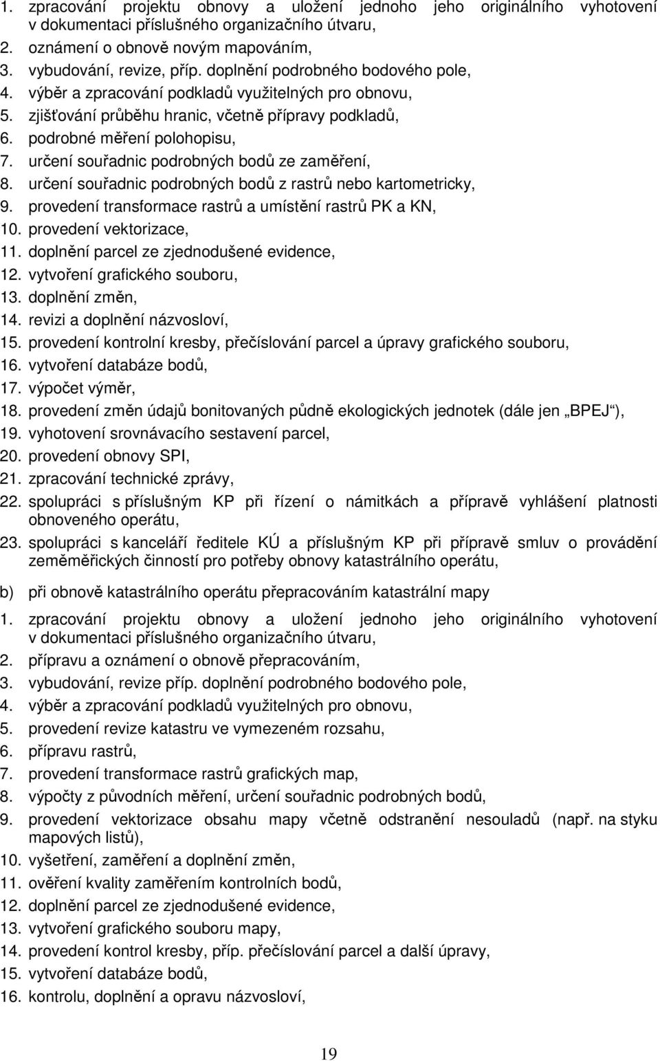 určení souřadnic podrobných bodů ze zaměření, 8. určení souřadnic podrobných bodů z rastrů nebo kartometricky, 9. provedení transformace rastrů a umístění rastrů PK a KN, 10.