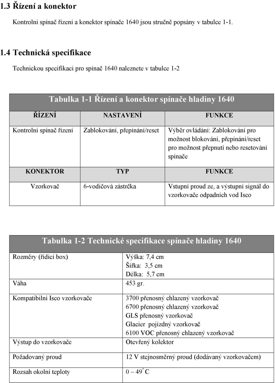 1. 1.4 Technická specifikace Technickou specifikaci pro spínač 1640 naleznete v tabulce 1-2 Tabulka 1-1 Řízení a konektor spínače hladiny 1640 ŘÍZENÍ NASTAVENÍ FUNKCE Kontrolní spínač řízení