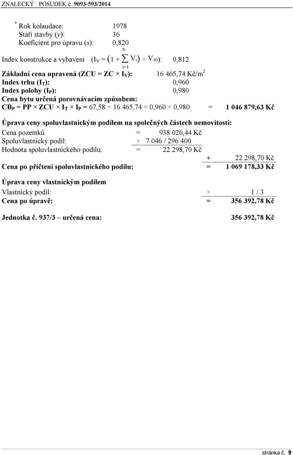 spoluvlastnickým podílem na společných částech nemovitosti: Cena pozemků = 938 026,44 Kč Spoluvlastnický podíl: 7 046 / 296 400 Hodnota spoluvlastnického podílu: = 22 298,70 Kč + 22 298,70 Kč