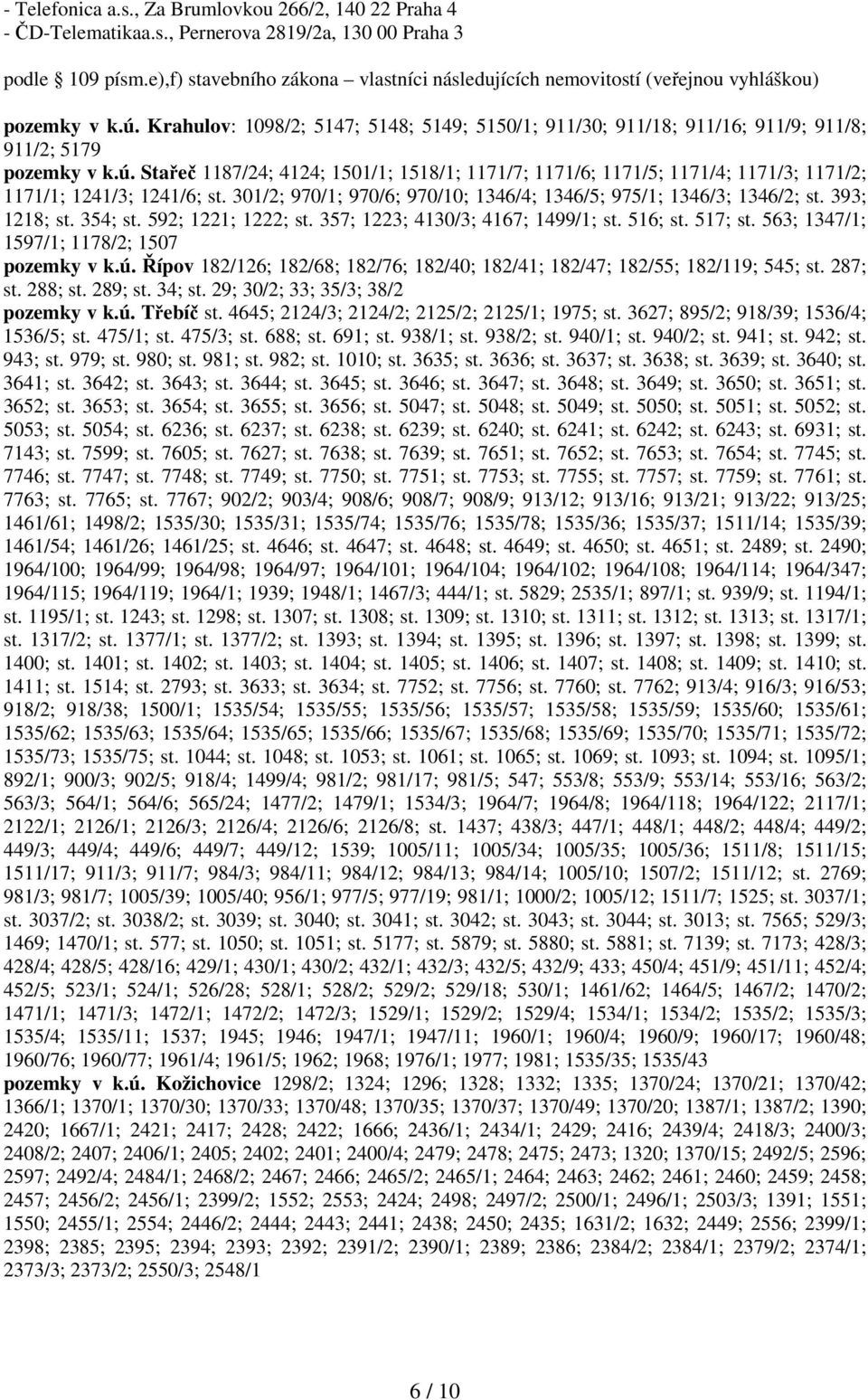 Krahulov: 1098/2; 5147; 5148; 5149; 5150/1; 911/30; 911/18; 911/16; 911/9; 911/8; 911/2; 5179 pozemky v k.ú.