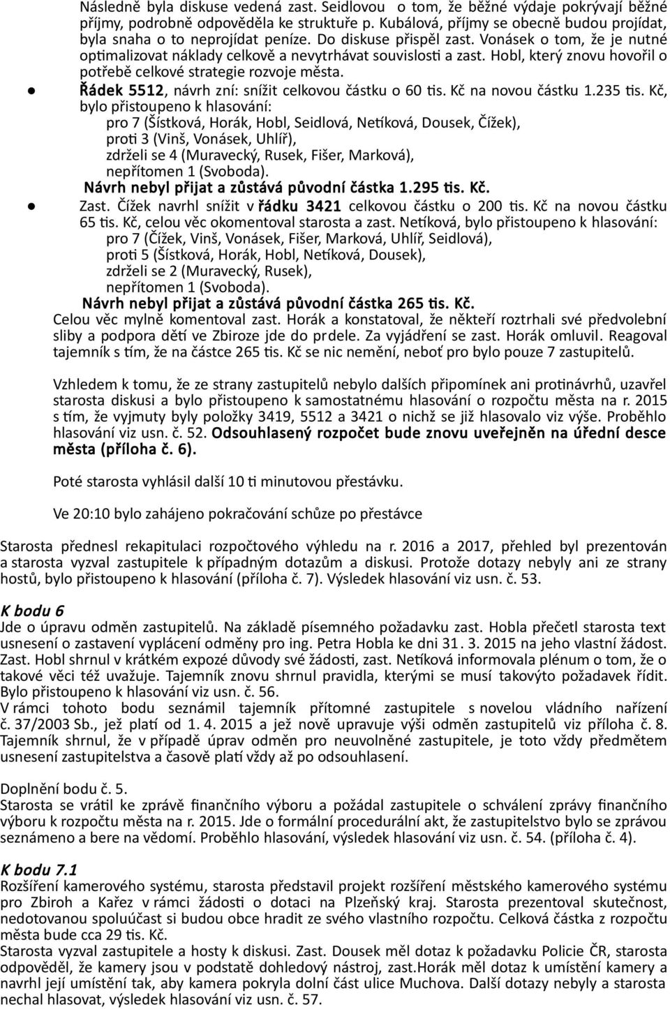 Hobl, který znovu hovořil o potřebě celkové strategie rozvoje města. Řádek 5512, návrh zní: snížit celkovou částku o 60 tis. Kč na novou částku 1.235 tis.