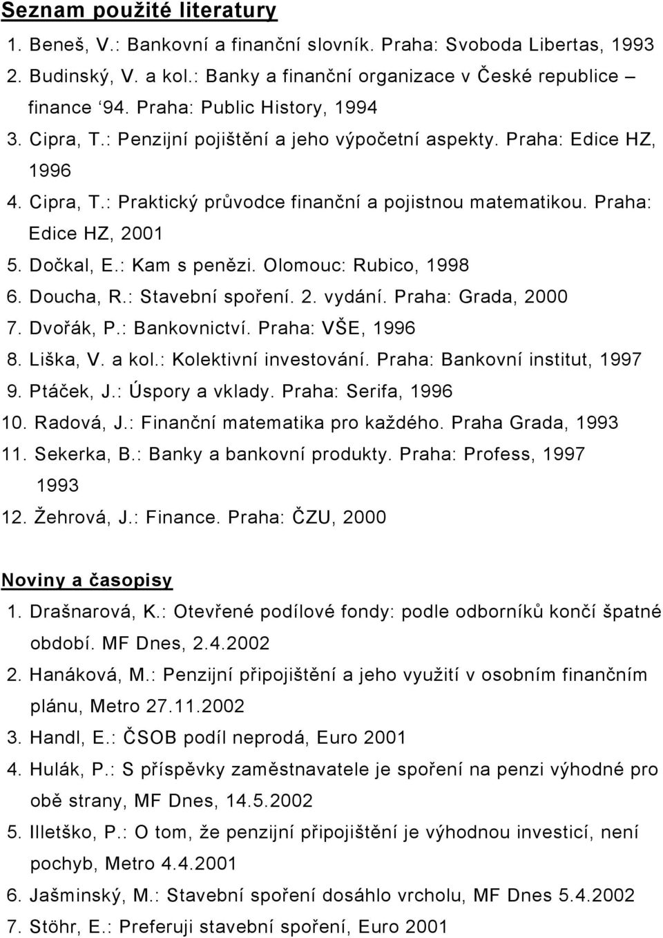 Dočkal, E.: Kam s penězi. Olomouc: Rubico, 1998 6. Doucha, R.: Stavební spoření. 2. vydání. Praha: Grada, 2000 7. Dvořák, P.: Bankovnictví. Praha: VŠE, 1996 8. Liška, V. a kol.