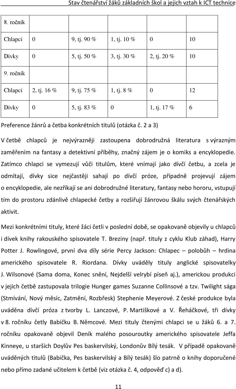 2 a 3) V četbě chlapců je nejvýrazněji zastoupena dobrodružná literatura s výrazným zaměřením na fantasy a detektivní příběhy, značný zájem je o komiks a encyklopedie.