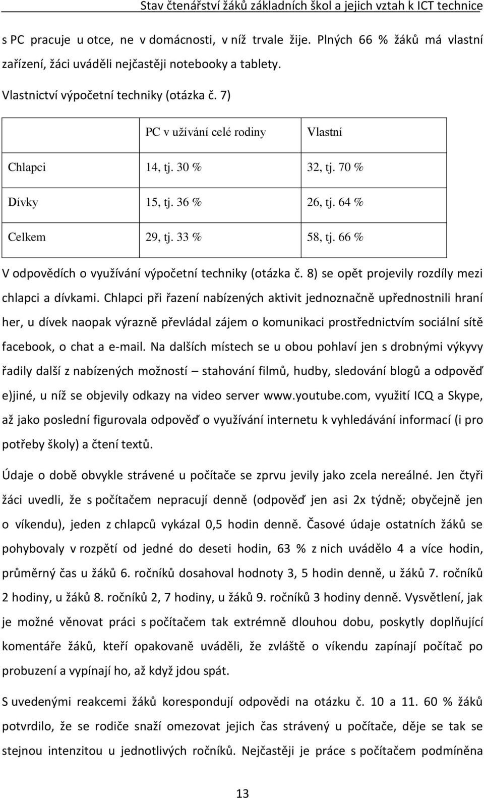70 % Dívky 15, tj. 36 % 26, tj. 64 % Celkem 29, tj. 33 % 58, tj. 66 % V odpovědích o využívání výpočetní techniky (otázka č. 8) se opět projevily rozdíly mezi chlapci a dívkami.