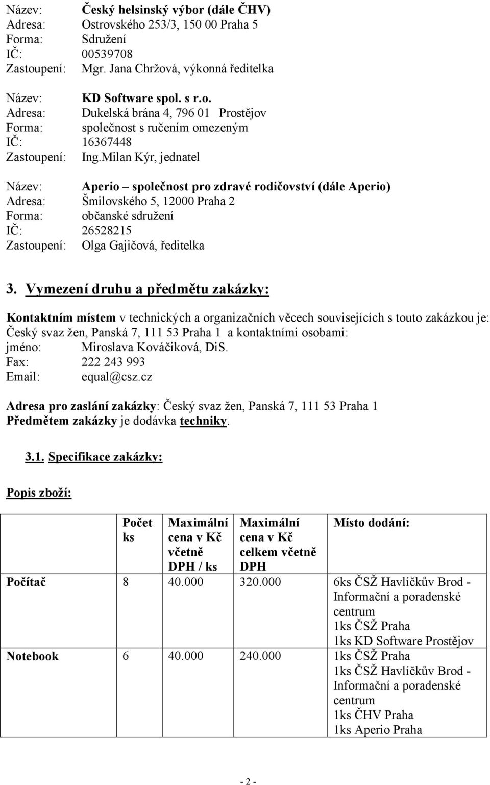 Vymezení druhu a předmětu zakázky: Kontaktním místem v technických a organizačních věcech souvisejících s touto zakázkou je: Český svaz žen, Panská 7, 111 53 Praha 1 a kontaktními osobami: jméno: