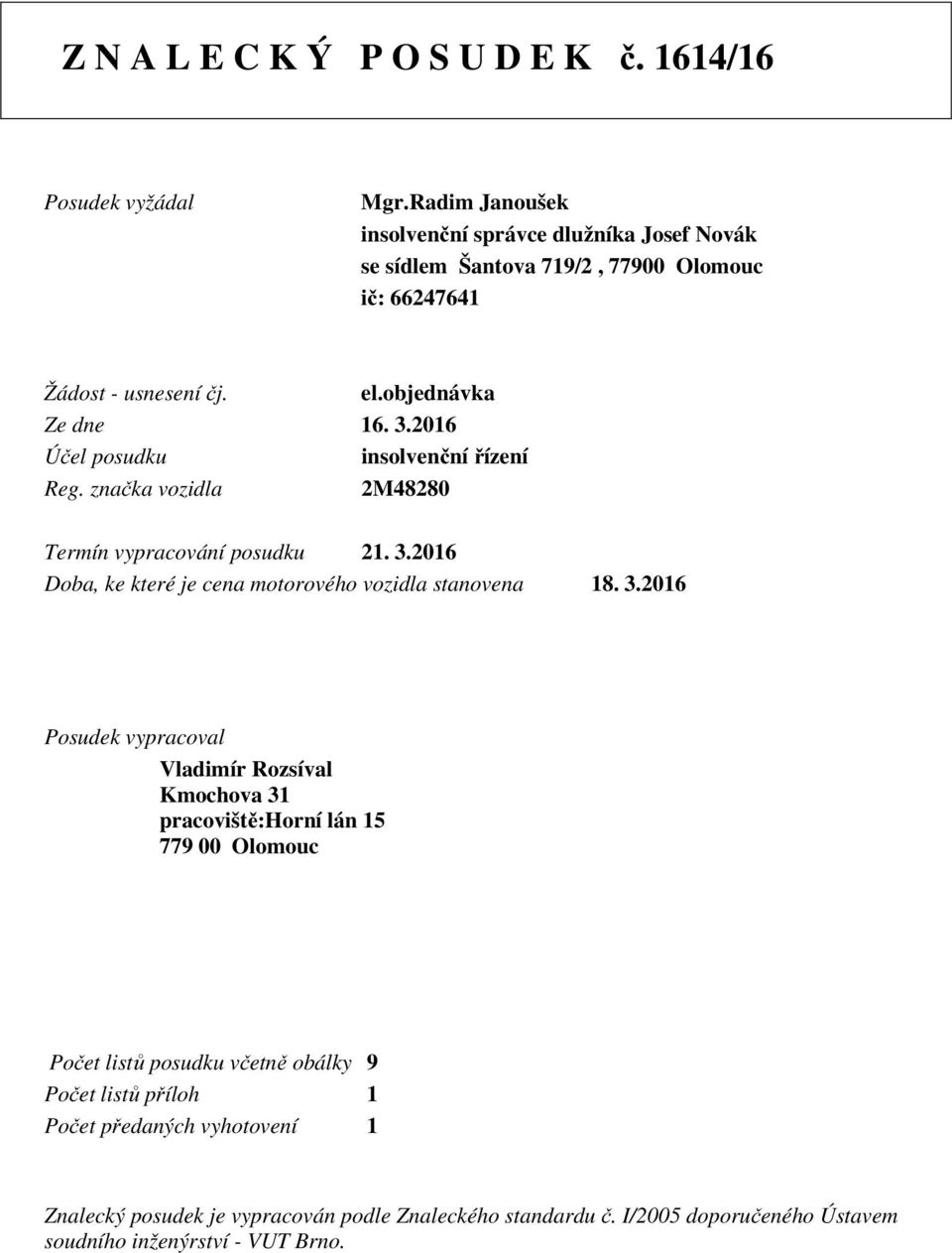 2016 Účel posudku insolvenční řízení Reg. značka vozidla 2M48280 Termín vypracování posudku 21. 3.