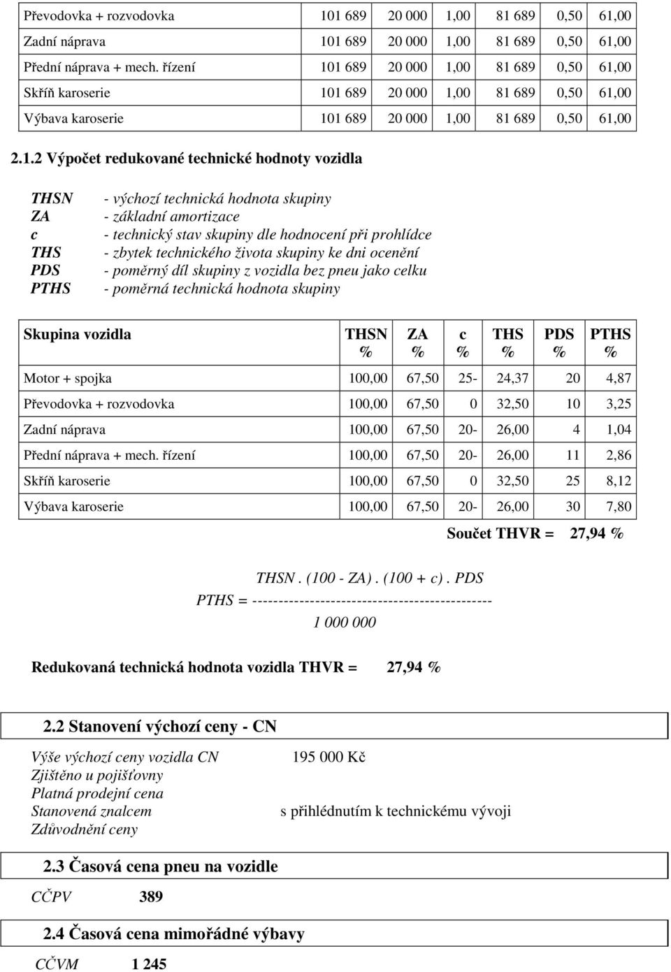 1 689 20 000 1,00 81 689 0,50 61,00 Skříň karoserie 101 689 20 000 1,00 81 689 0,50 61,00 Výbava karoserie 101 689 20 000 1,00 81 689 0,50 61,00 2.1.2 Výpočet redukované technické hodnoty vozidla