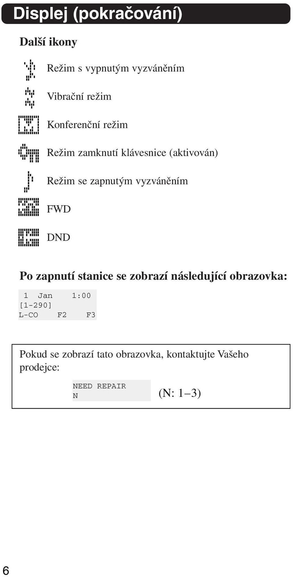 zapnutým vyzváněním FWD DND Po zapnutí stanice se zobrazí následující