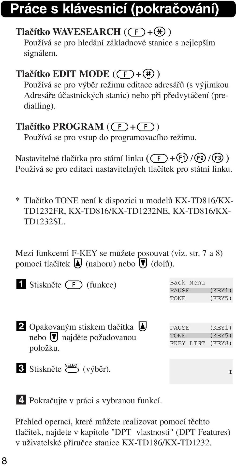 Tlačítko PROGRAM ( + ) Používá se pro vstup do programovacího režimu. Nastavitelné tlačítka pro státní linku ( + / / ) Používá se pro editaci nastavitelných tlačítek pro státní linku.