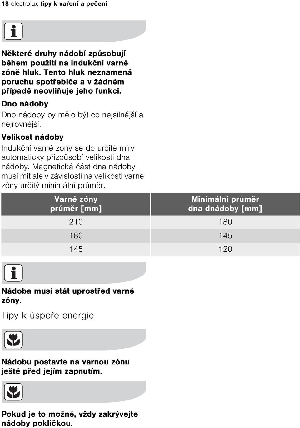 Velikost nádoby Indukèní varné zóny se do urèité míry automaticky pøizpùsobí velikosti dna nádoby.