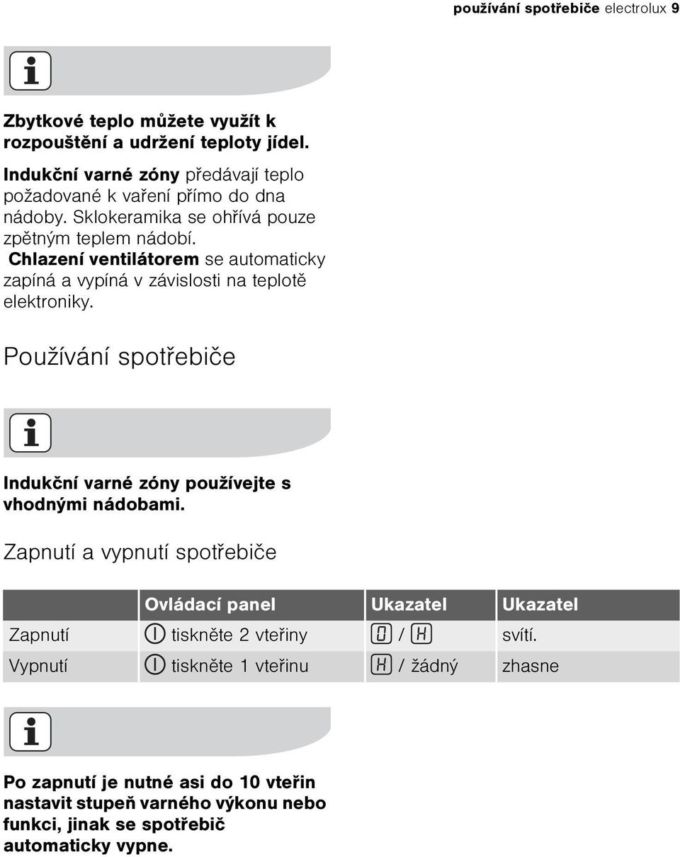 Chlazení ventilátorem se automaticky zapíná a vypíná v závislosti na teplotì elektroniky. Používání spotøebièe Indukèní varné zóny používejte s vhodnými nádobami.