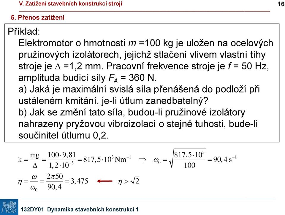 a) Jaká je maximální svislá síla přenášená do podloží při ustáleném kmitání, je-li útlum zanedbatelný?