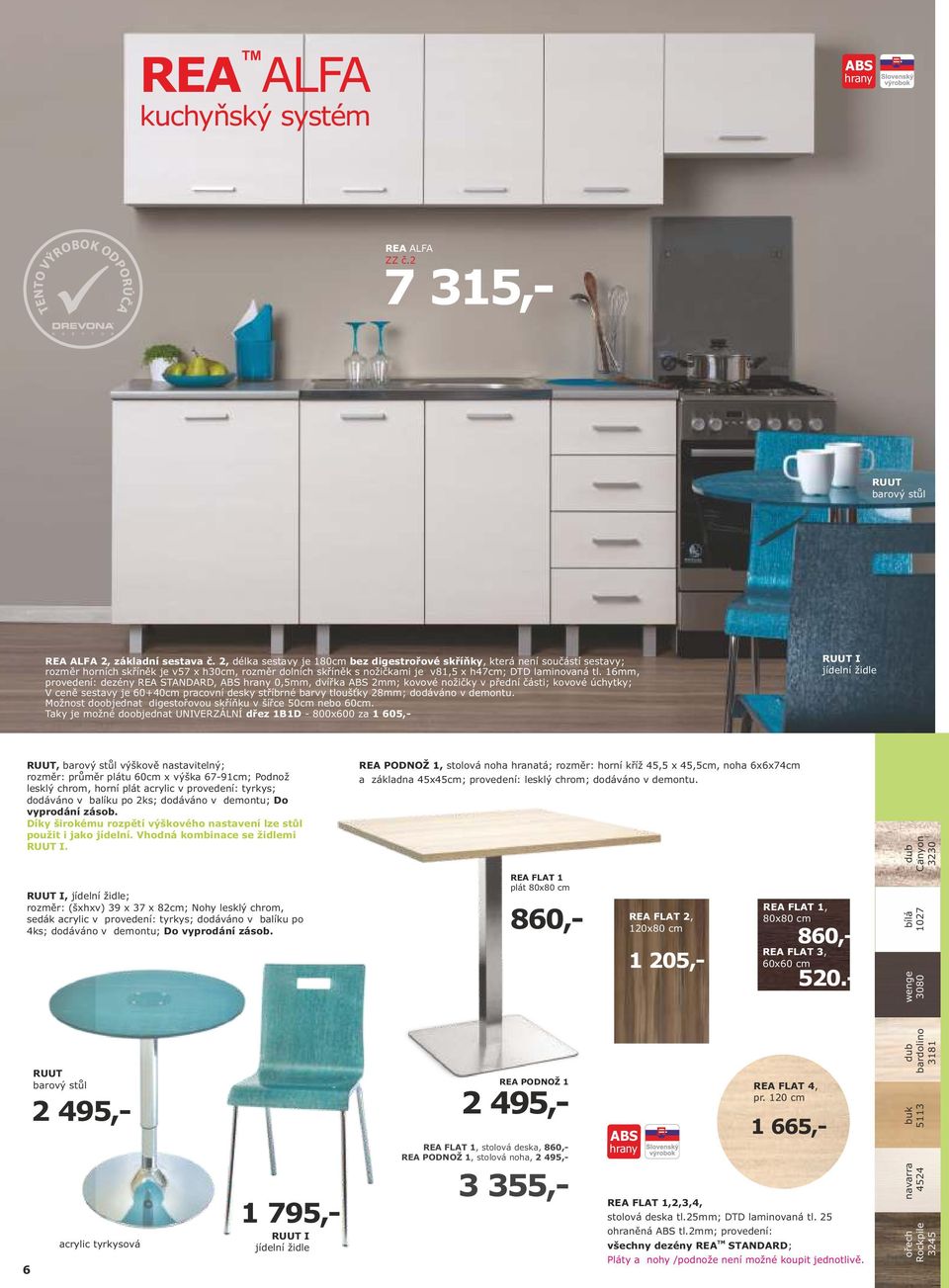 16mm, provedení: dezény REA STANDARD, ABS hrany 0,5mm, dvířka ABS 2mm; kovové nožičky v přední části; kovové úchytky; V ceně sestavy je 60+40cm pracovní desky stříbrné barvy tloušťky 28mm; dodáváno v