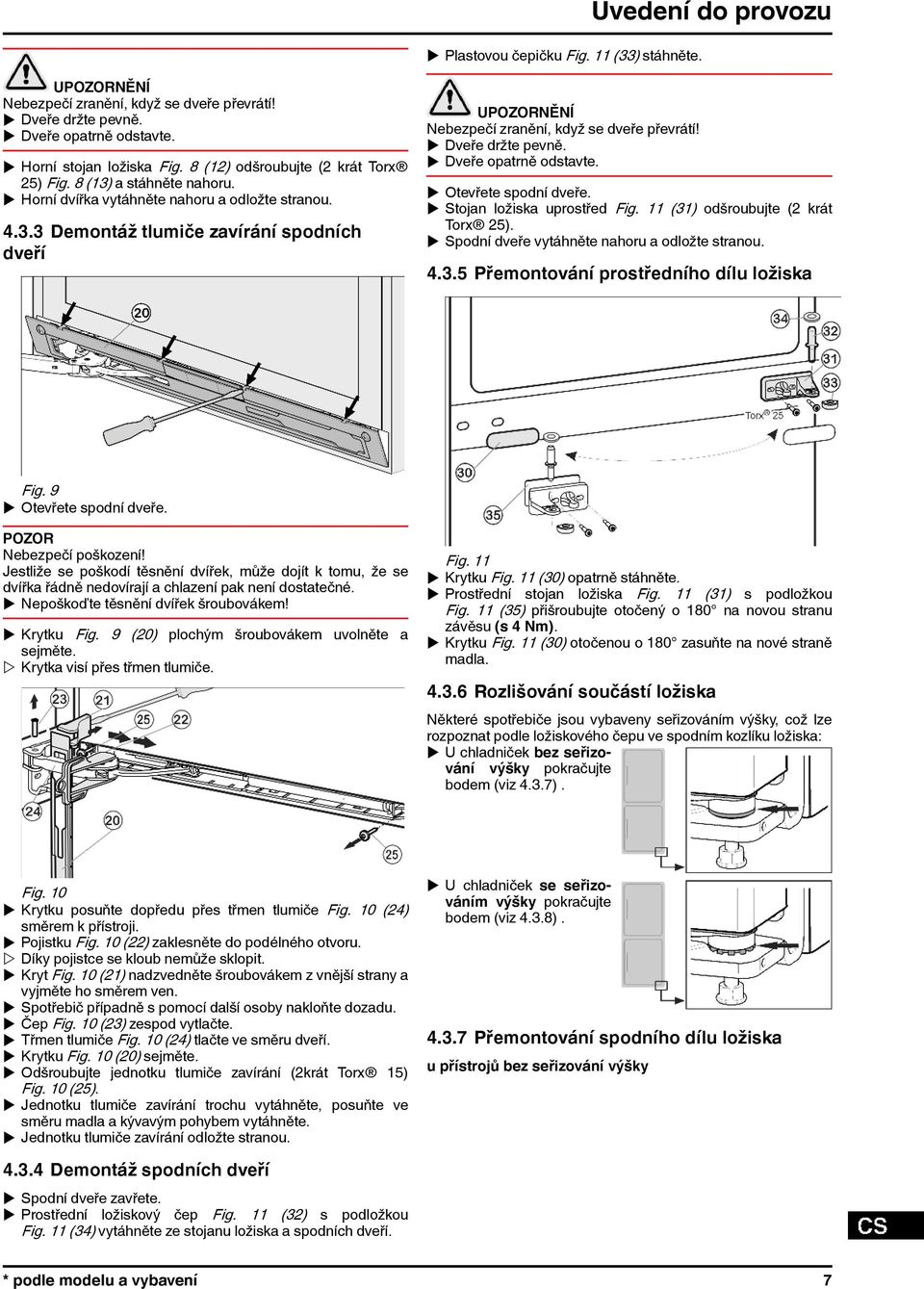 u Dveře držte pevně. u Dveře opatrně odstavte. u Otevřete spodní dveře. u Stojan ložiska uprostřed Fig. 11 (31) odšroubujte (2 krát Torx 25). u Spodní dveře vytáhněte nahoru a odložte stranou. 4.3.5 Přemontování prostředního dílu ložiska Fig.