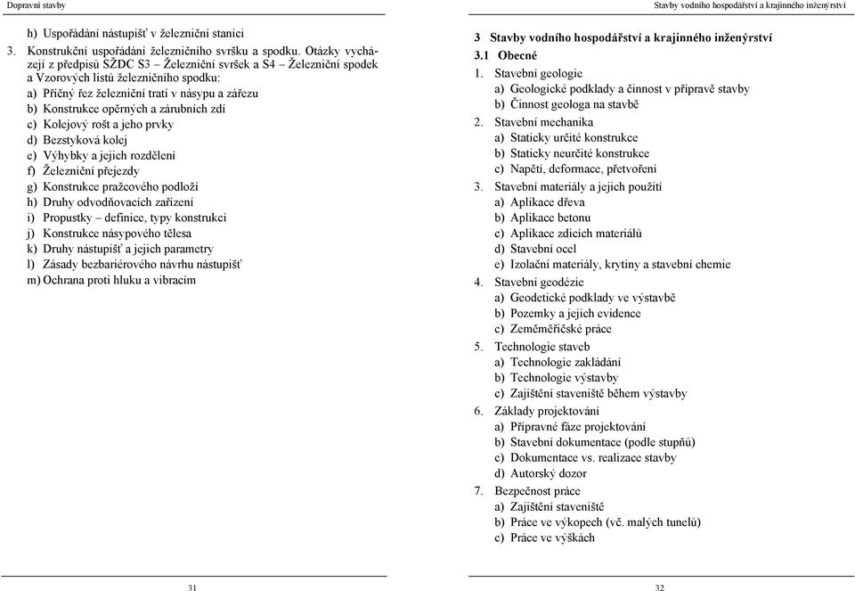 zdí c) Kolejový rošt a jeho prvky d) Bezstyková kolej e) Výhybky a jejich rozdělení f) Železniční přejezdy g) Konstrukce pražcového podloží h) Druhy odvodňovacích zařízení i) Propustky definice, typy